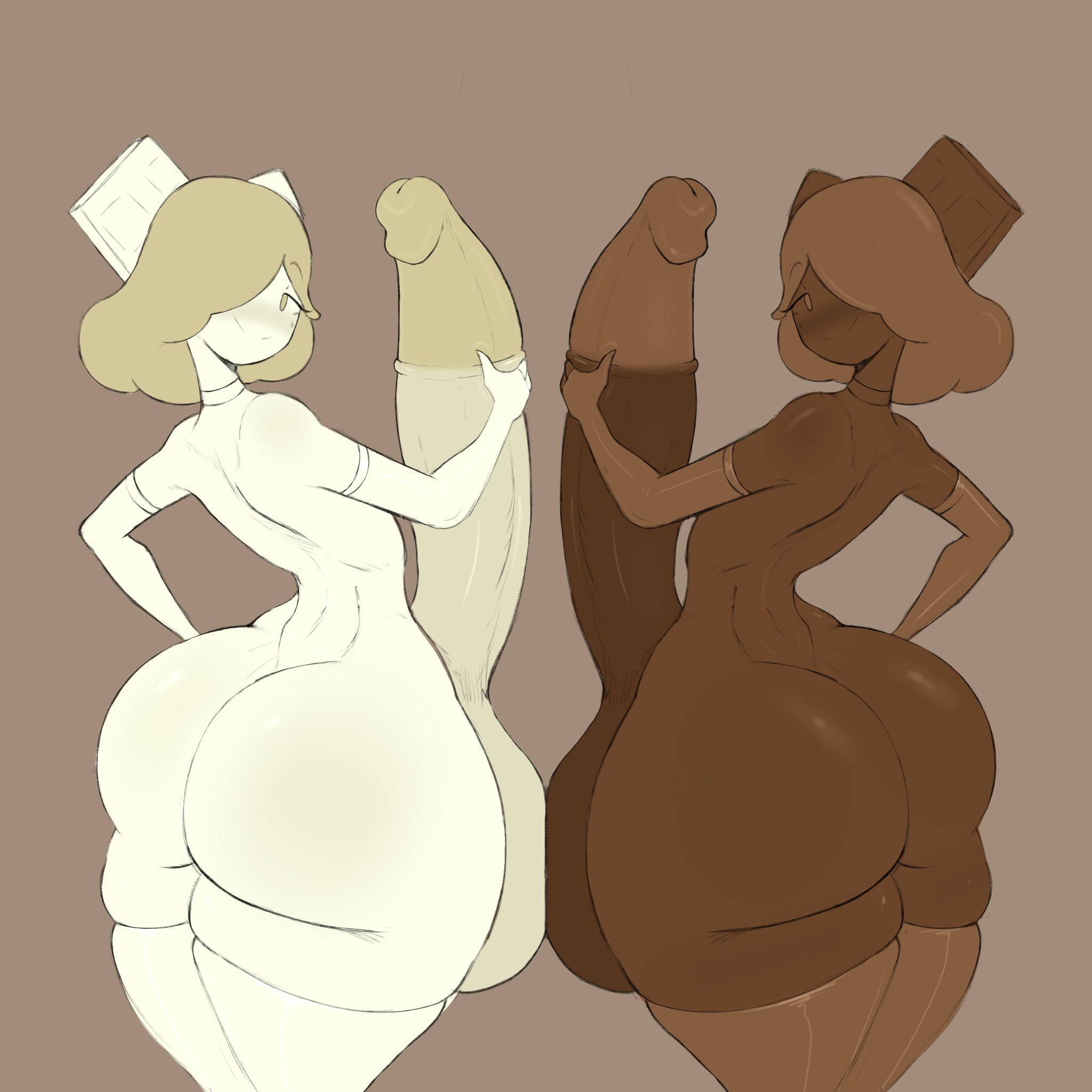 2025, 2futas, arm sleeves, balls, big cock, big penis, blush, blushing, bottom heavy, chocolate, chocolate bar, choker, cock, collar, elbow gloves, erection, futa only, futanari, hair covering eye, hair over one eye, holding penis, huge ass, huge balls, huge cock, huge penis, humanoid, humanoid penis, intersex, megamor, nipples, nude, oc, ornament, penis, short hair, simple background, smile, smiling, stockings, testicles, thick thighs, white chocolat, white chocolate, wide hips