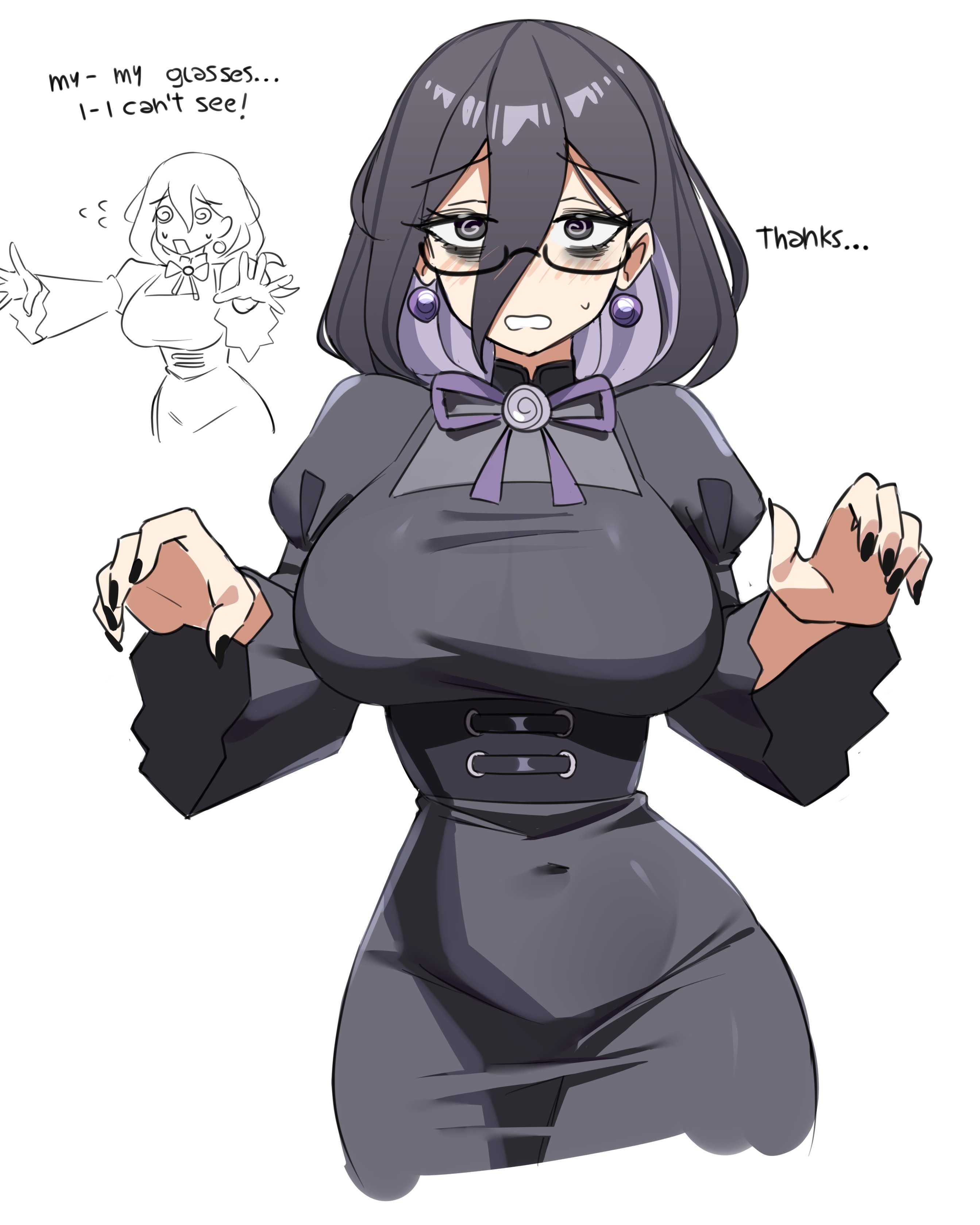 1girls, absurdres, alternate breast size (larger), bags under eyes, black dress, black nails, black-framed eyewear, breasts, commentary, covered navel, dress, earrings, english text, female, female only, fingernails, flying sweatdrops, game freak, glasses, hair between eyes, hex maniac, hex maniac (pokemon legends: z-a), highres, jewelry, large breasts, long hair, long sleeves, looking at viewer, nintendo, peps art, pokemon, pokemon legends: z-a, simple background, sweatdrop, very long hair, white background