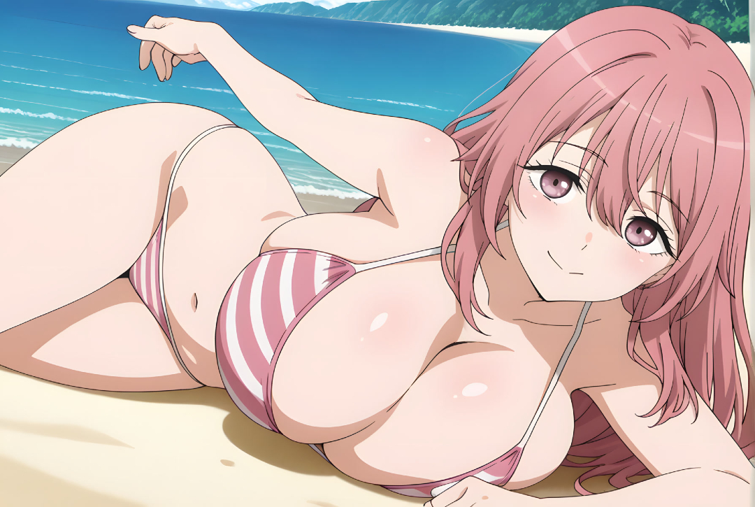 ai generated, bare thighs, beach, bikini, breasts, eroero waifus, female, gigantic breasts, huge breasts, huge thighs, inui shinju, light skin, light-skinned female, long hair, looking at viewer, massive breasts, pink eyes, pink hair, smiling, solo female, sono bisque doll wa koi wo suru, squatting, sweat, sweatdrop, thick body, thick female, thick thighs, thighs, voluptuous, voluptuous female