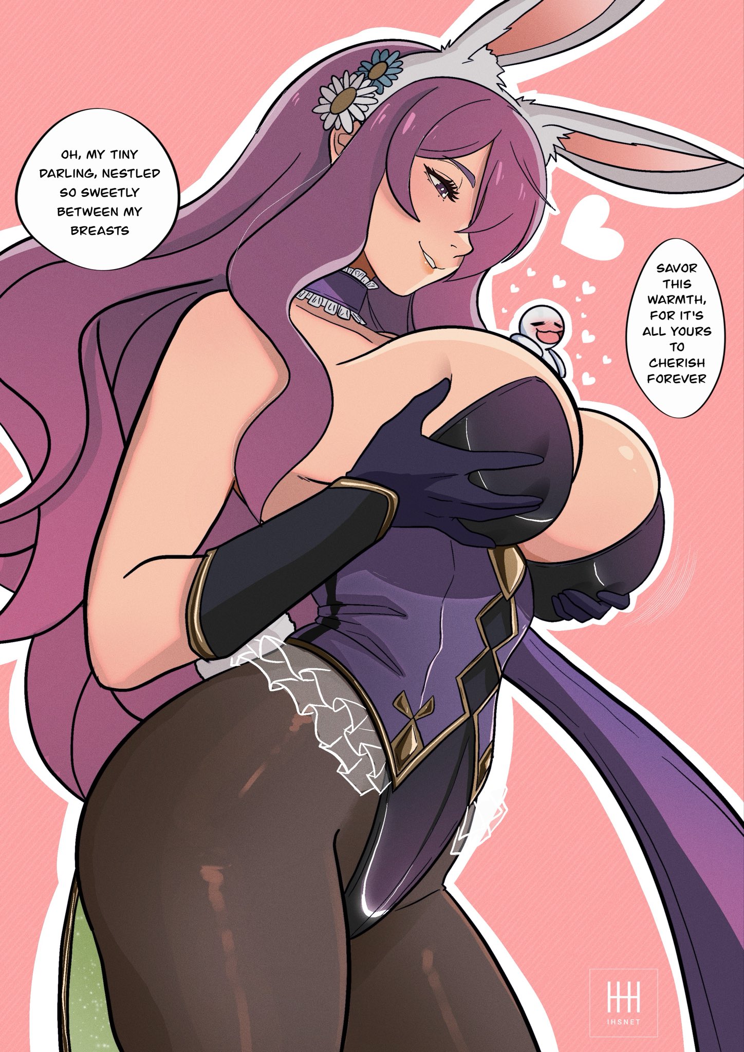 big breasts, breasts, bunny ears, bunny girl, bunny tail, bunnysuit, camilla (fire emblem), female, fire emblem, gentle giantess, giant female, giantess, gigantic breasts, gloves, ihsnet, kiran (fire emblem), pantyhose, purple gloves, smile, text, text bubble, thighs