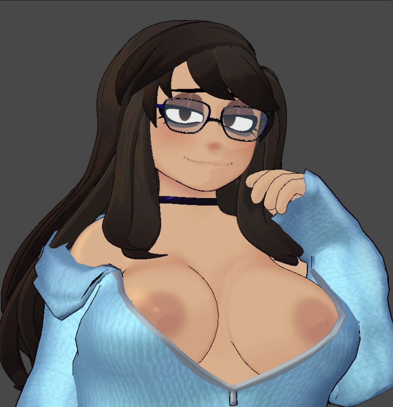 big breasts, breasts, choker, female, glasses, jacket, lizielewddle, lizielewddle (character), nipples, peonypetals, tagme