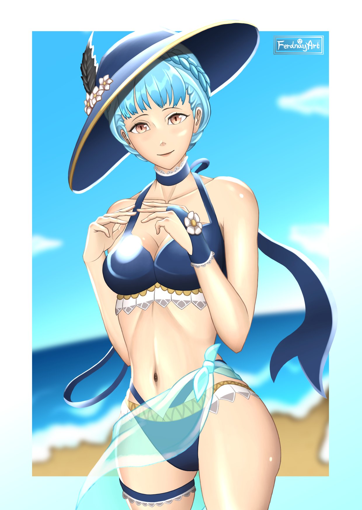 alternate_costume beach bikini blue_bikini blue_hair blue_swimsuit breasts brown_eyes cleavage female ferdnayart fire_emblem fire_emblem:_three_houses hat light_blue_hair looking_at_viewer marianne_von_edmund medium_breasts nintendo ocean outdoors sand sarong see-through smile solo swimsuit