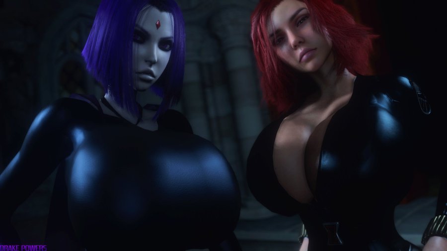 2girls, 3d, black widow (marvel), breasts, busty, cambion, clothing, crossover, dc, dc comics, demon, demon girl, drakepowers, female, female only, forehead jewel, grey skin, grey-skinned female, half demon, hourglass figure, huge breasts, human, humanoid, light skin, light-skinned female, looking at viewer, lower body, marvel, marvel comics, multiple females, multiple girls, natasha romanoff, purple hair, rachel roth, raven (dc), red hair, scarlett johansson, shirt, spy, superhero, superheroine, teen titans, thick legs, thick thighs, thighs, upper body, wide hips