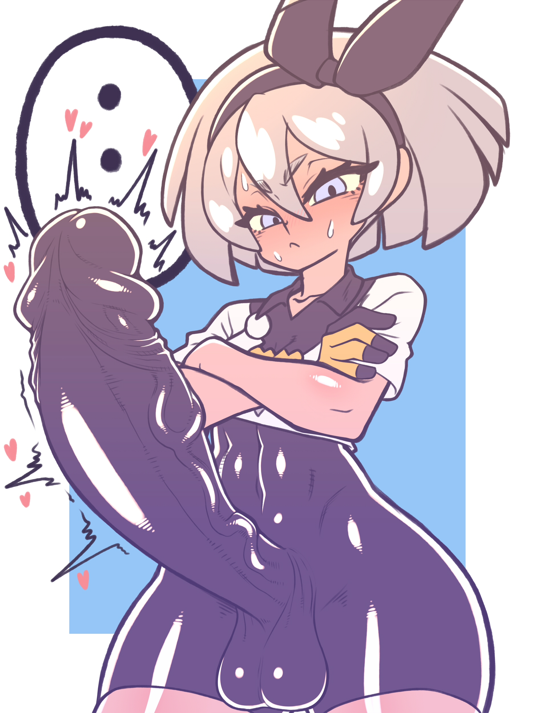 ..., 1futa, abs, ass, balls, bea (pokemon), big ass, big balls, bodysuit, bottomless skirt, breasts, clothed, clothing, erection, eye contact, fully clothed, futa only, futanari, grey hair, hair ribbon, huge cock, human, hyper, hyper penis, intersex, kaikoinu, large penis, light skin, light-skinned futa, looking at viewer, nintendo, penis, pokemon, pokemon ss, short hair, solo, speech bubble, standing, sweat, testicles, thick thighs, thighs, thunder thighs, tight fit, veiny penis, wide hips