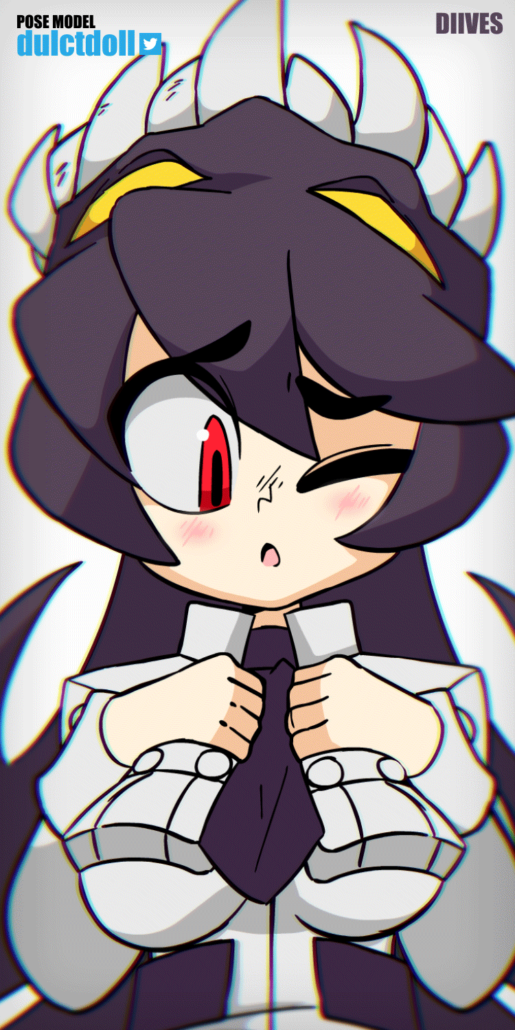 1:2, 1girls, animated, animated gif, black hair, blush, breasts, concerned, cute, diives, female, filia (skullgirls), jiggle, lab zero games, one eye closed, open mouth, red eyes, samson (skullgirls), school uniform, skullgirls, solo female, tie, vertical video, white background