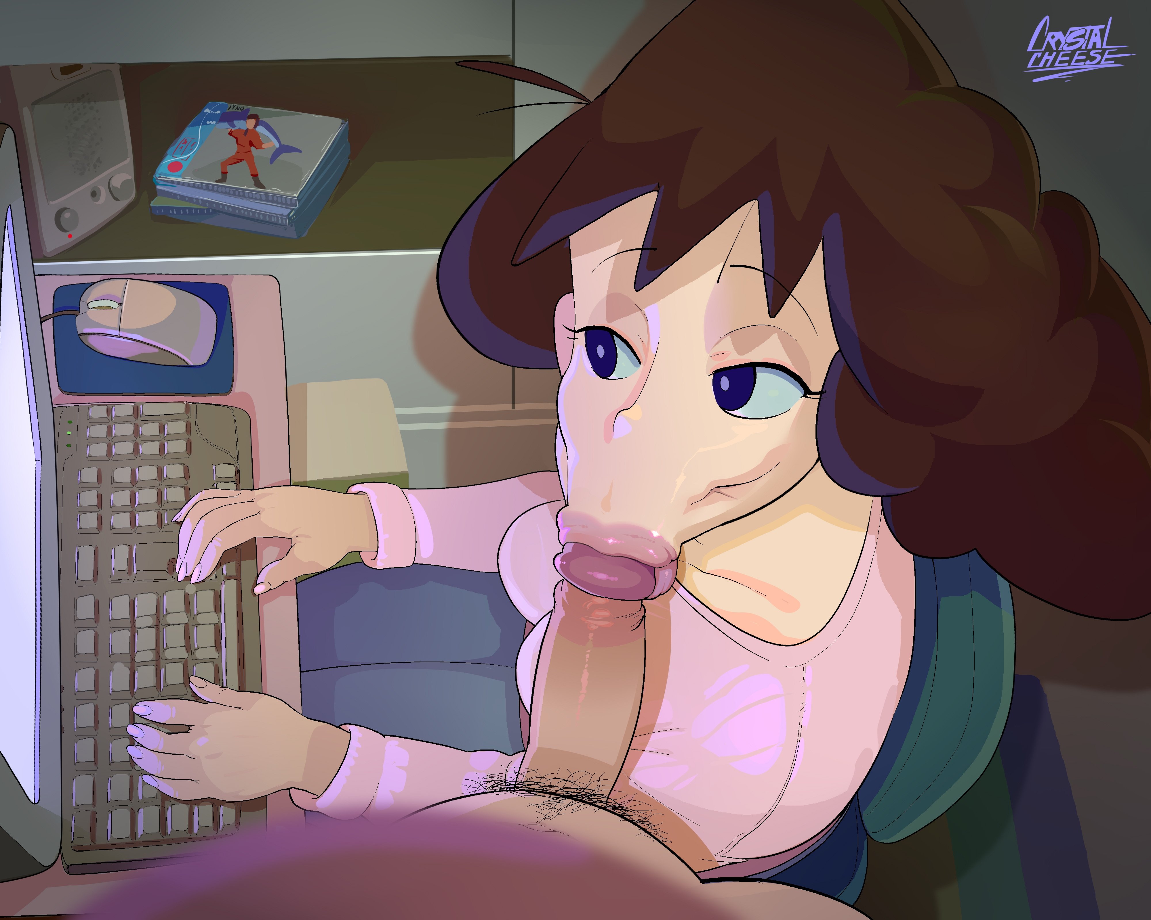 :>=, 1boy, 1girls, absurdres, ahoge, anteater face, black eyes, blowjob, breasts, brown hair, cheating wife, cleavage, collarbone, computer, crayon shin-chan, crystalcheese, dark-skinned male, erection, eye contact, faceless male, fellatio, female, female focus, highres, imminent fellatio, male, mature, mature female, medium penis, milf, misae nohara, mother, multitasking, ntr, on side, open smile, oral, oral sex, penis, pink shirt, pov, pubes, pubic hair, sitting, smile, smooth penis, vacuum fellatio