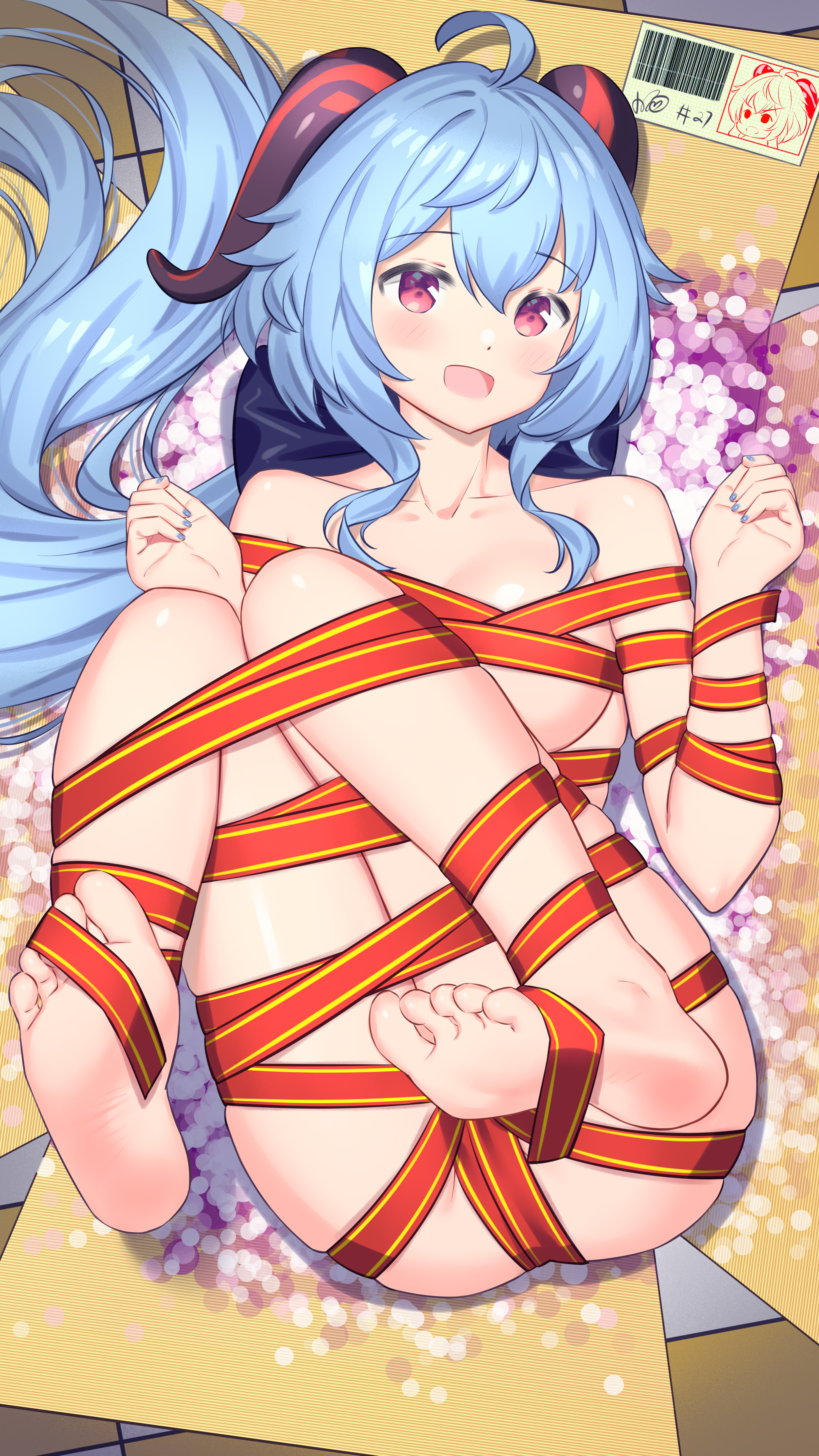barefoot, blue hair, blush, christmas present, female, ganyu (genshin impact), genshin impact, happy, horns, horny, lying, moaning, naked ribbon, purple eyes, ribbon, smile, spread legs