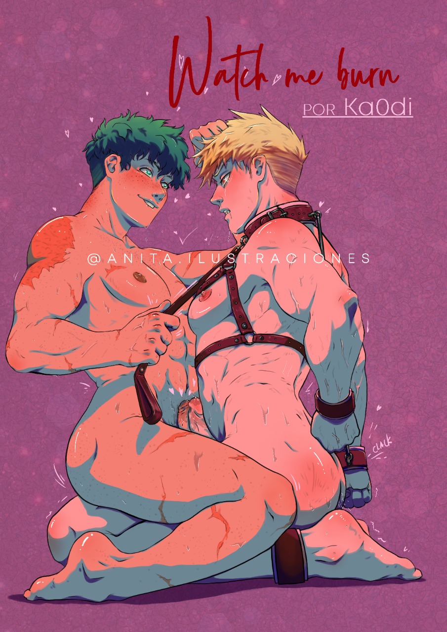 2boys, alternate hairstyle, anita ilustraciones, ankle cuffs, ass, barefoot, blonde hair, collar, completely nude, eye contact, frottage, gay, genitals, green hair, hair grab, handcuffs, harness, izuku midoriya, katsuki bakugou, leash and collar, leash pull, looking at partner, male, male only, male/male, my hero academia, no underwear, nude, nude male, on knees, on lap, penis, scars, sitting, sitting on lap, spiky hair, submissive, submissive male, yaoi