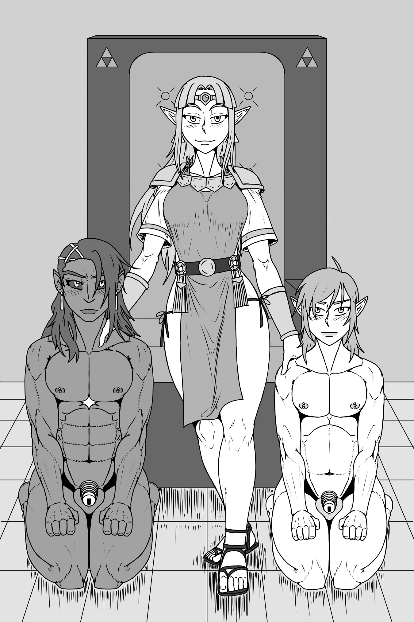 abs, chastity, chastity cage, female, femboy, femdom, ganondorf, kiahl, link, lobsterkiahl, long hair, male, multiple subs, multiple subs one dom, muscular, muscular male, nintendo, on knees, penis, pointy ears, princess zelda, sandals, small penis, straight, the legend of zelda, zelda (a link between worlds)