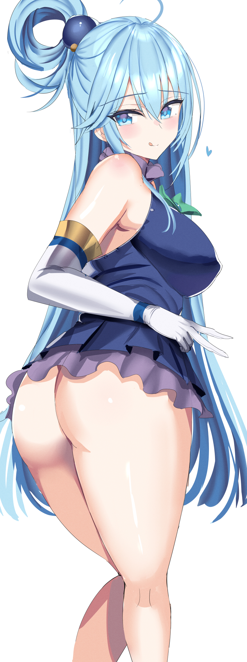 1girls :d absurdres aqua_(konosuba) ass bare_shoulders blue_eyes blue_hair blush bow bowtie breasts elbow_gloves eyebrows_visible_through_hair feet_out_of_frame gloves green_bow green_neckwear hair_rings hanasaka_houcha highres huge_filesize kono_subarashii_sekai_ni_shukufuku_wo! large_breasts long_hair looking_at_viewer no_panties shirt simple_background sleeveless sleeveless_shirt solo standing tongue tongue_out twisted_torso very_long_hair white_background white_gloves