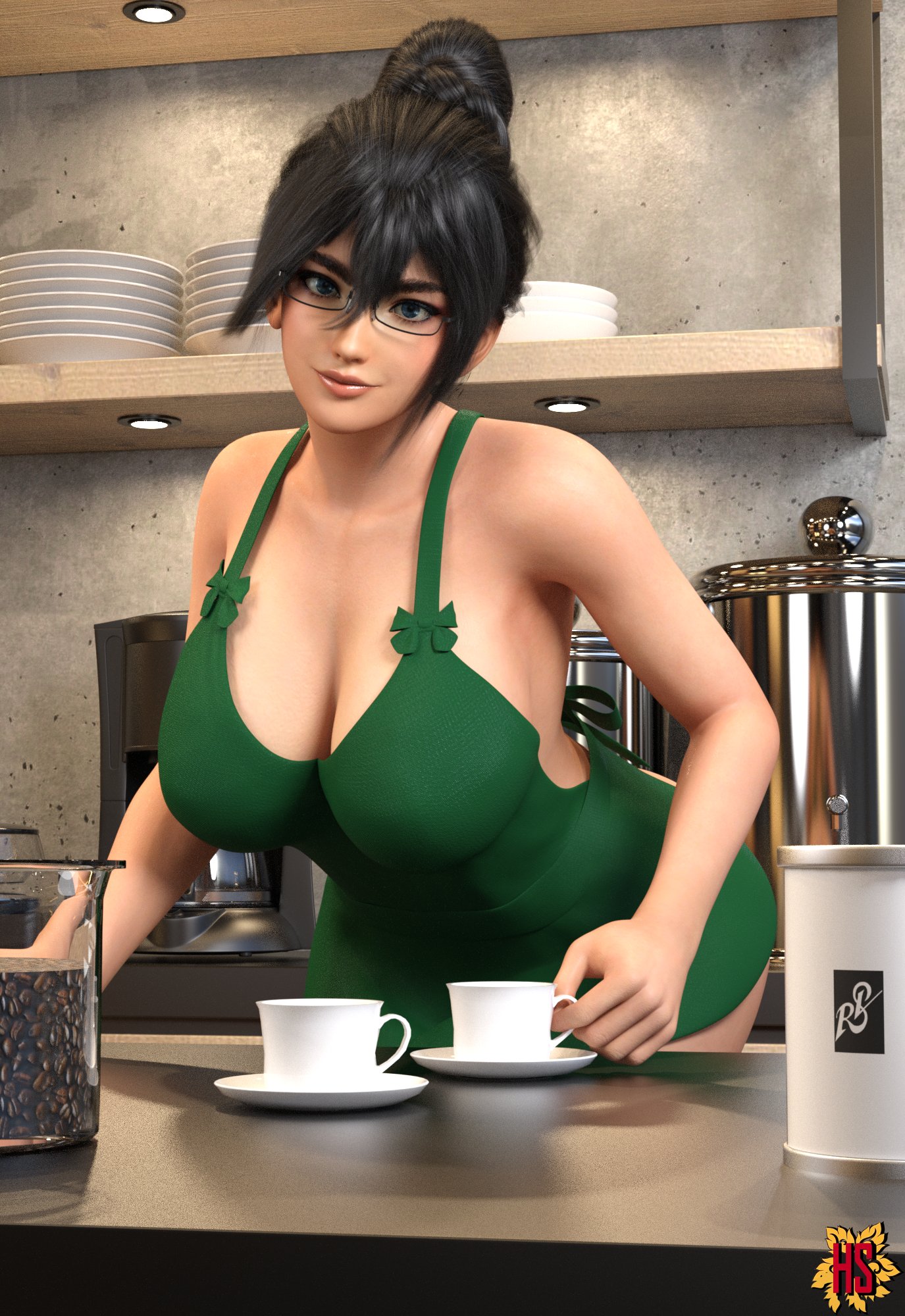 3d, black hair, blue eyes, breasts, busty, female, female focus, female only, fumitan admoss, glasses, gundam, gundam tekketsu no orphans, hagiwara studio, hourglass figure, iced latte with breast milk, meme, solo, tagme, waitress, waitress uniform, wide hips