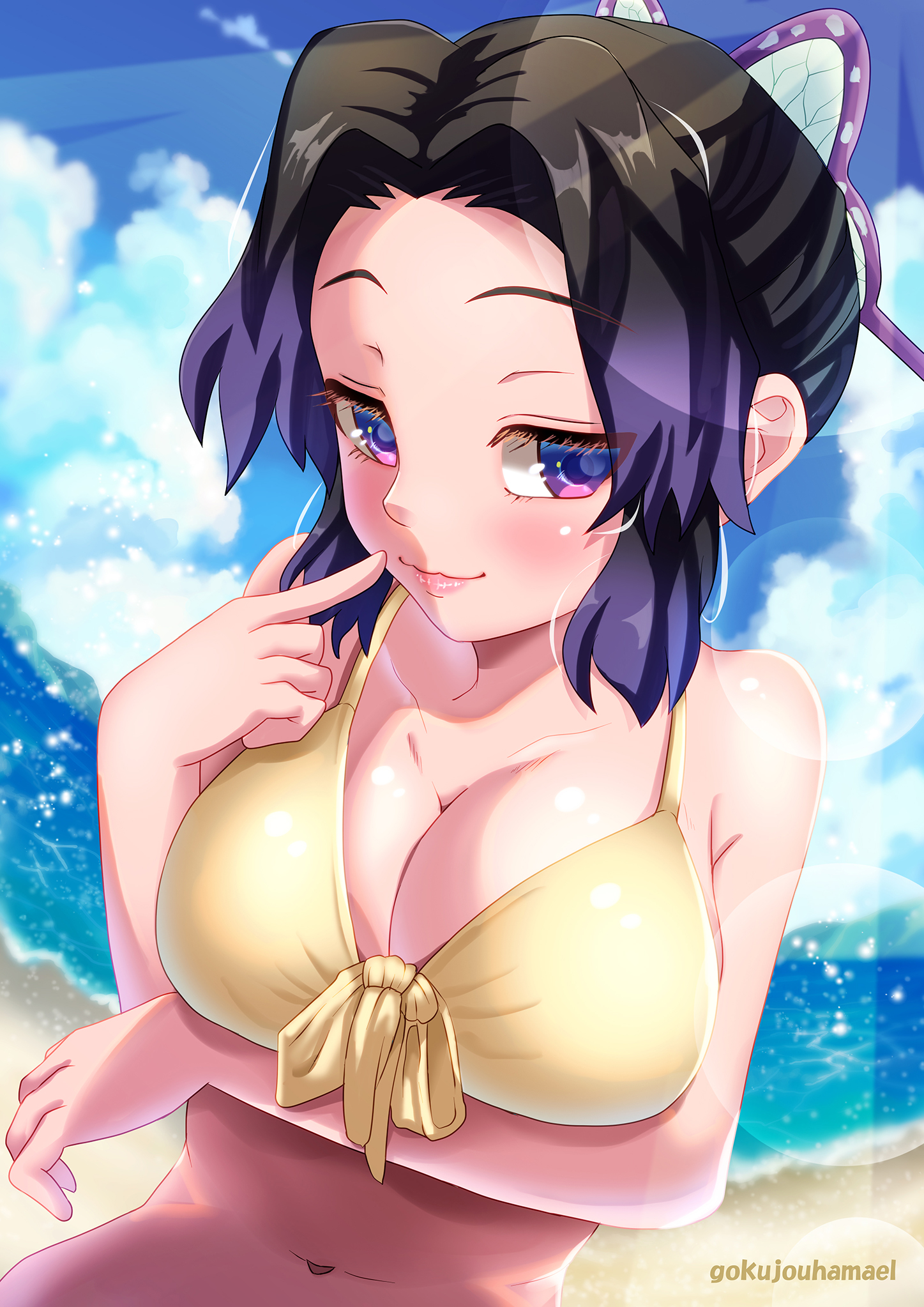 1girls, arm under breasts, beach, bedroom eyes, big breasts, bikini, black hair, breasts, butterfly hair ornament, cleavage, close-up, demon slayer, female, female only, finger to mouth, gokujouhamael, kimetsu no yaiba, kochou shinobu, looking at viewer, purple eyes, purple hair, purple-haired female, smile, solo, swimsuit, two-tone hair, upper body, yellow bikini