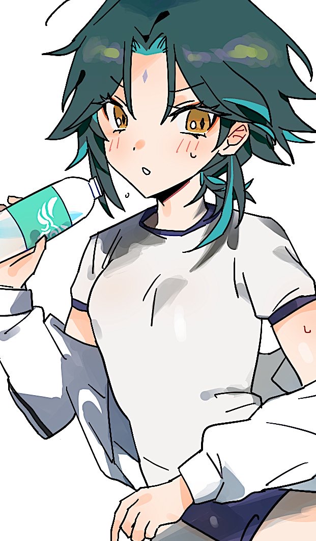 1girls adeptus black_hair blush breasts exercise_clothing genderswap_(mtf) genshin_impact green_hair mimlmi revealing_clothes rule_63 teal_hair thighs tight_clothing water_bottle workout workout_clothes xiao_(genshin_impact) yellow_eyes