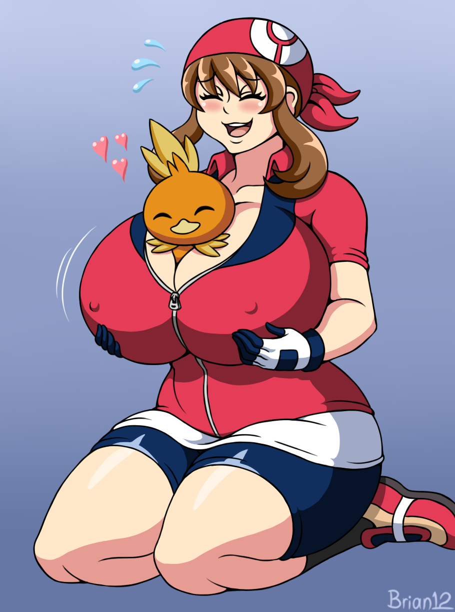 abstract_background bandana blush brian12 brown_hair cleavage curvy gloves grabbing_own_breast huge_ass huge_breasts may_(pokemon) nipple_bulge pokemon pokemon_rse shoes shorts sitting thick_thighs torchic