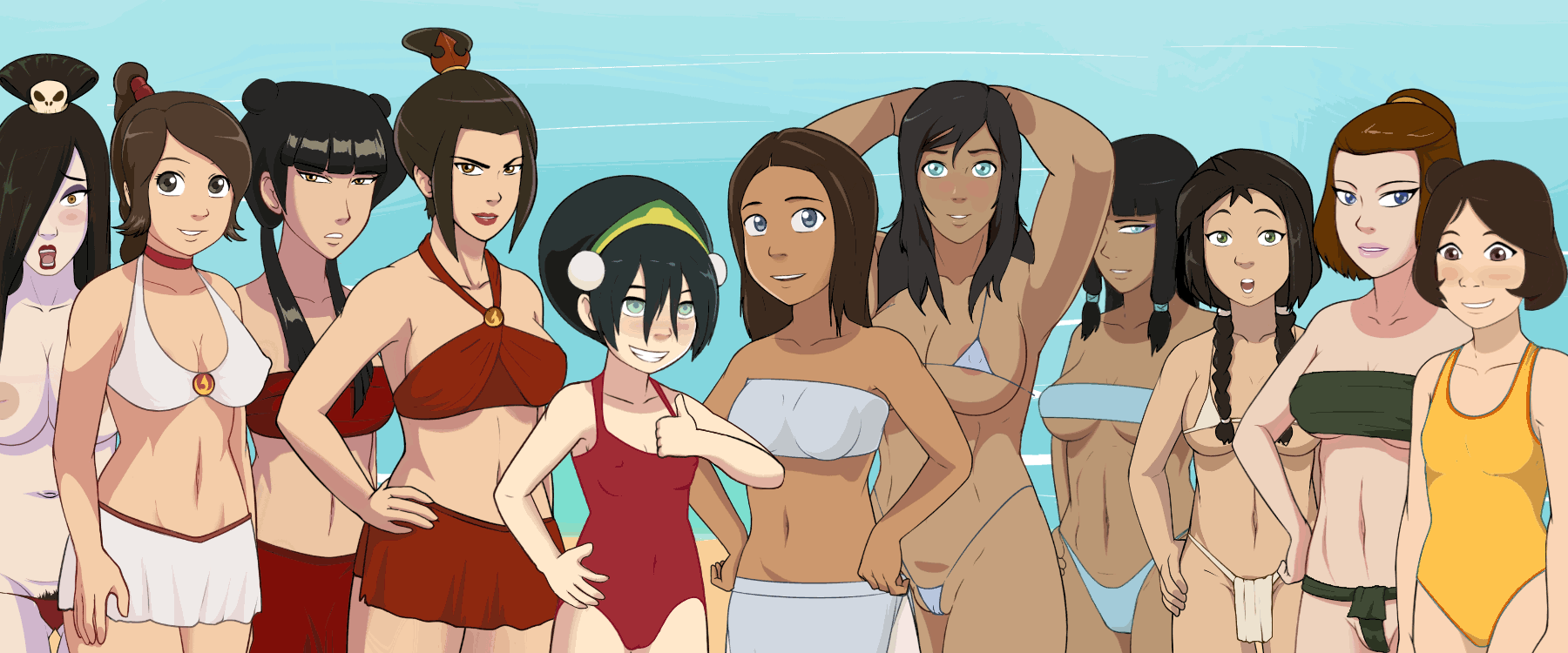 :p, 11girls, 6+girls, abs, age difference, air nomad, animated, areolae, arms at sides, auburn hair, avatar legends, avatar the last airbender, azula, barely clothed, beach, big breasts, bikini, black hair, blue eyes, blush, braid, breast grab, breast size difference, breasts, brown eyes, brown hair, cameltoe, casual nudity, chocolate and vanilla, dark skin, dark-skinned female, earth kingdom, erect nipples, eska, female, female only, fire nation, flat chest, four elements trainer, hair between eyes, hair bun, hair down, hair over one eye, hairless pussy, hairy pussy, hands on hips, happy, holding own breast, innie pussy, jin (avatar), jinora, june (avatar), katara, korra, large breasts, light skin, light-skinned female, lineup, loincloth, looking at viewer, mai (avatar), mature female, medium breasts, milf, mity, multiple females, multiple girls, naked, nickelodeon, nipples, nonbender, nude, nude female, on/off, one piece swimsuit, outdoor nudity, outdoors, pelvic curtain, pubic hair, pussy, size difference, small breasts, smile, smooth skin, string bikini, suki, swimsuit, take your pick, teenager, the avatar, the legend of korra, thumbs up, time paradox, tongue, tongue out, toph bei fong, topknot, twin braids, twintails, two piece swimsuit, ty lee, uncensored, upper body, water, water tribe, wide grin