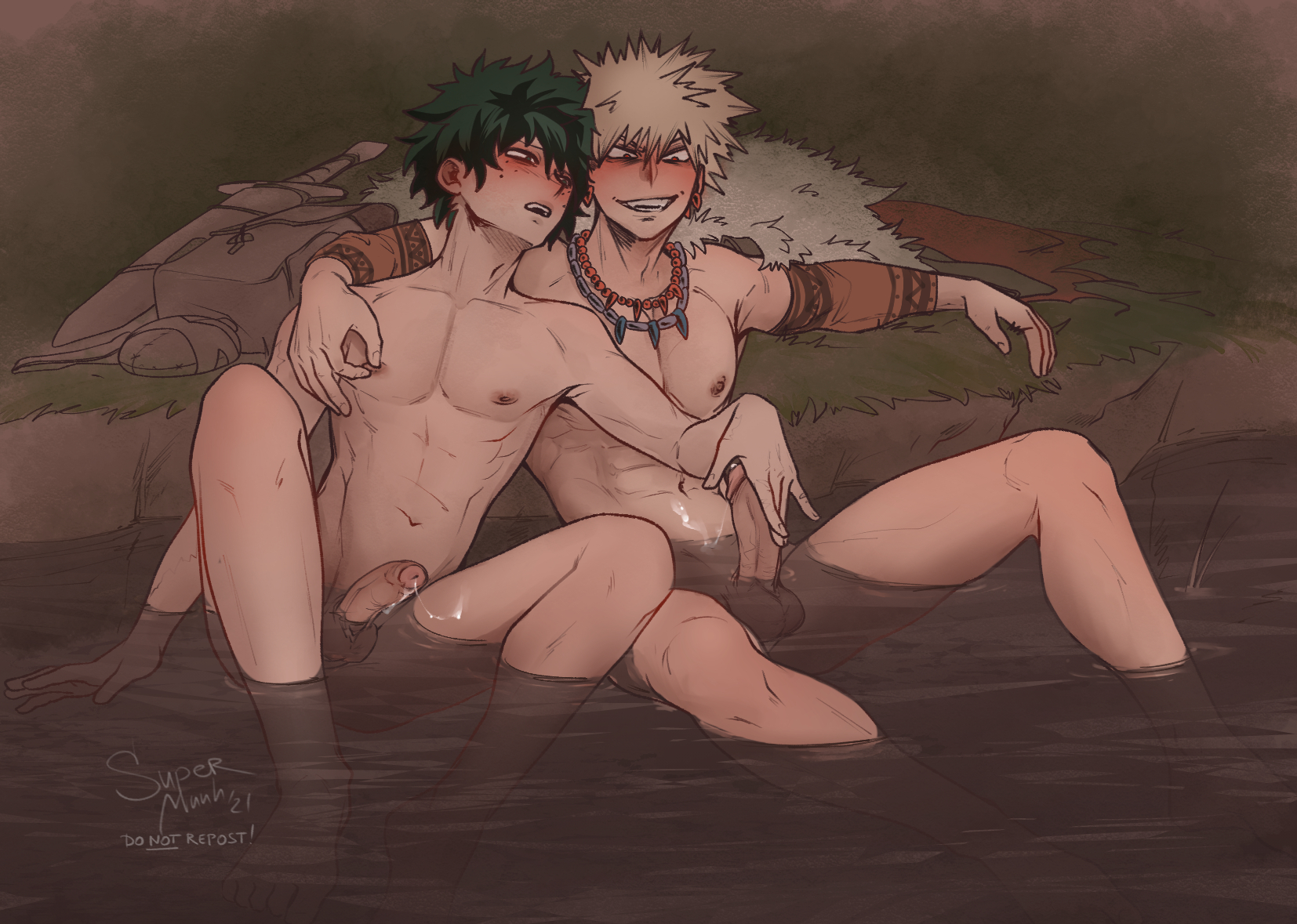 2boys, arm around shoulders, armwear, blonde hair, blush, bodily fluids, completely nude, cum, gay, genital fluids, genitals, green hair, grin, in water, izuku midoriya, katsuki bakugou, male, male only, male/male, muuh, my hero academia, necklace, nipple pinch, nipple play, nipples, nude, nude male, outdoors, outside, penis, spiky hair, stroking penis, water, wet body, wet skin, yaoi