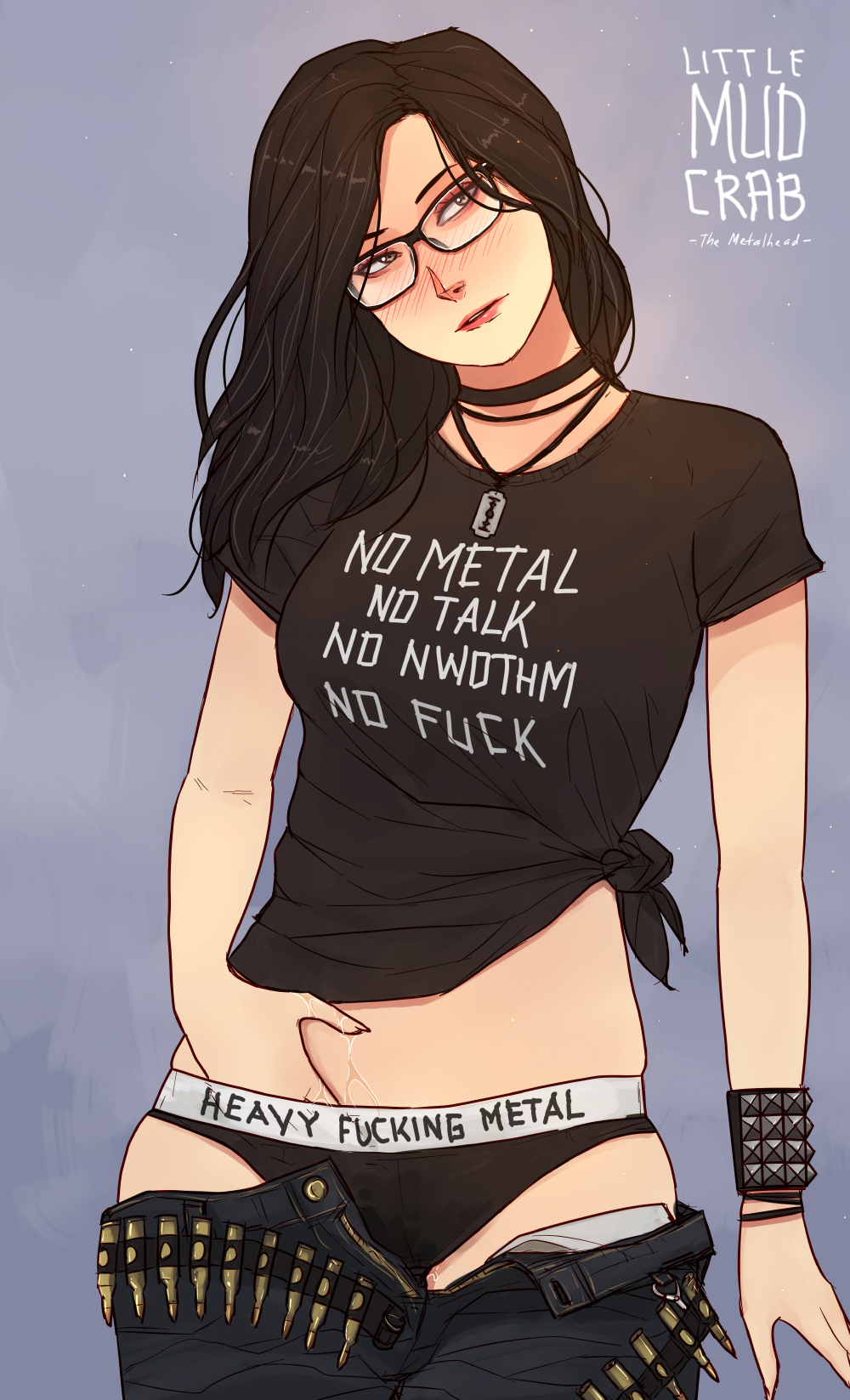 1girls black_hair blush bullet clothed glasses goth grey_eyes jeans lilith littlemudcrab metalhead necklace original original_character panties pussy_juice pussy_juice_stain razor spiked_bracelet t-shirt