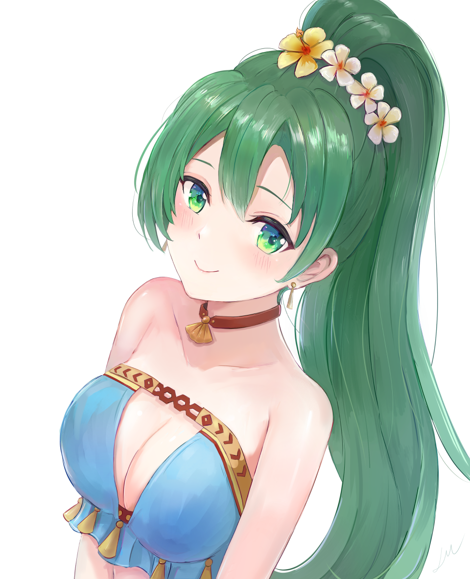 1girls alternate_costume bare_shoulders bikini blue_bikini blue_bikini_top blue_swimsuit blush blushing breasts choker cleavage close-up collarbone earrings female female_only fire_emblem fire_emblem:_the_blazing_blade fire_emblem_heroes flower flower_in_hair frills green_eyes green_hair hair_between_eyes hair_flower hair_ornament human human_only jewelry large_breasts leonmandala light-skinned_female light_skin long_hair looking_at_viewer looking_to_the_side looking_up lyn_(fire_emblem) lyn_(summer)_(fire_emblem) lyndis_(fire_emblem) medium_breasts nintendo official_alternate_costume ponytail pov pov_eye_contact simple_background smile smiling solo solo_female swimsuit upper_body white_background wholesome