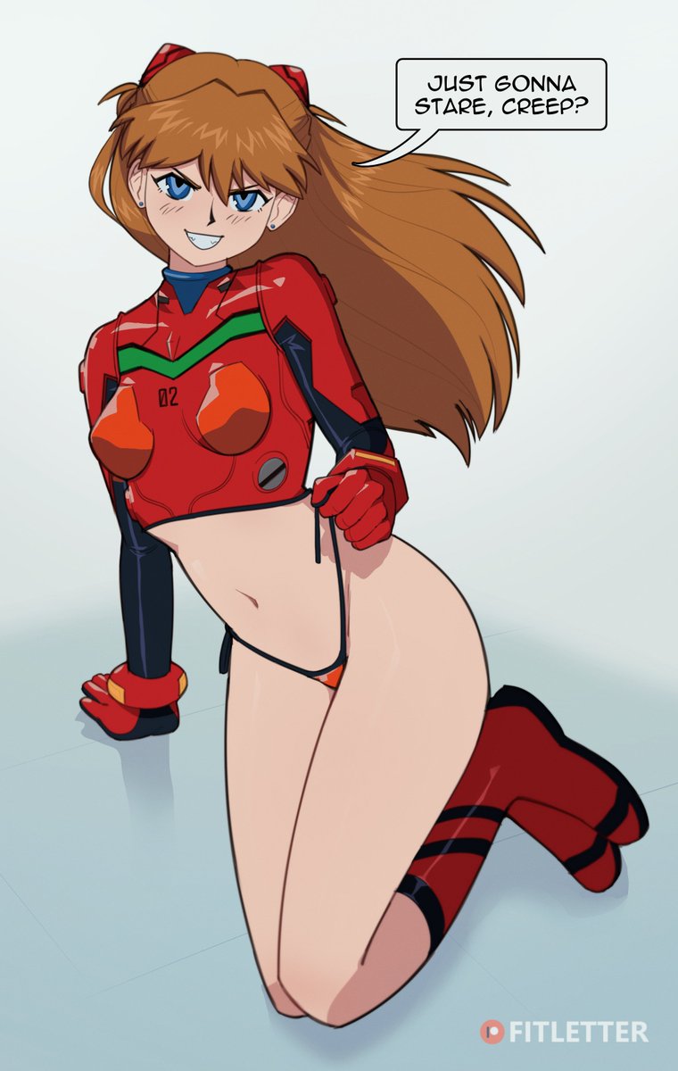 1girls asuka_langley_sohryu blue_eyes blush boots brown_hair clothing english_text female_only fitletter hair_ornament legs_together long_hair looking_at_viewer neon_genesis_evangelion on_floor panties patreon_username plugsuit simple_background small_breasts smile text text_box thong