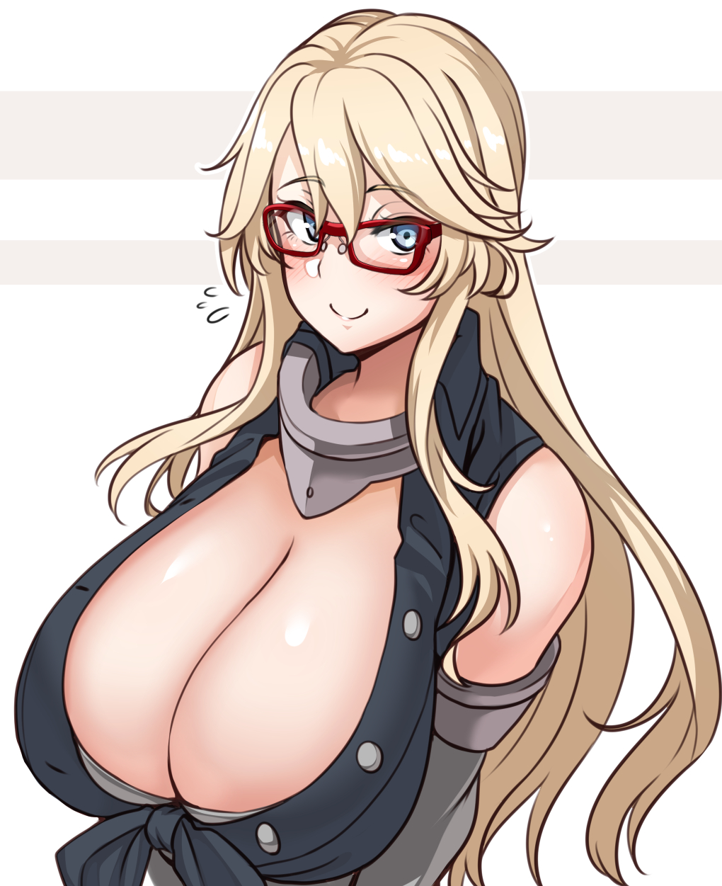 1girls, bangs, bare shoulders, blonde hair, blue eyes, blush, breasts, cleavage, detached sleeves, elbow gloves, female, female only, glasses, happy female, huge breasts, iowa (kantai collection), kantai collection, long hair, looking at viewer, red glasses, ryuun (stiil), smile, solo, tied shirt, upper body