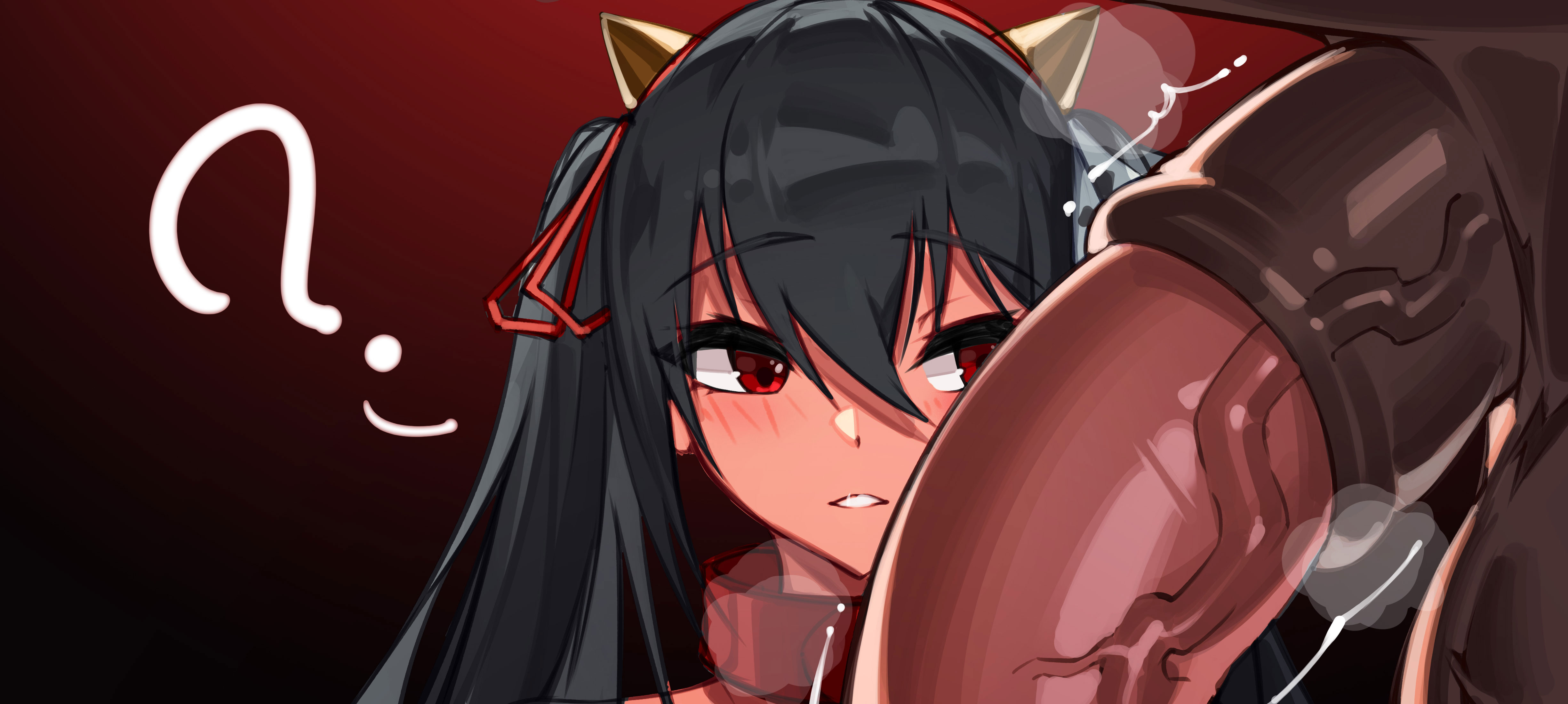 ?, azur lane, bestiality, blush, collar, confused, cow print, dark hair, female, horse, horse penis, horsecock, male, penis, powergene, powzin, red eyes, taihou (azur lane), zoophilia