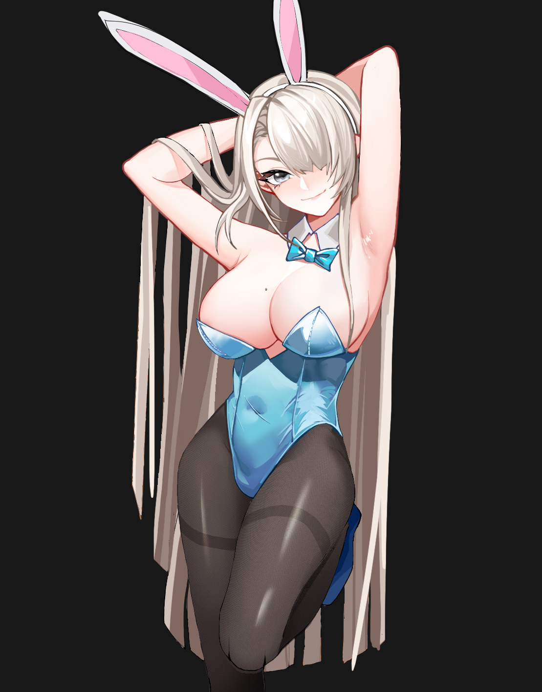 1girls, 2021, animal ears, armpits, asuna (blue archive), asuna (bunny) (blue archive), bangs, black background, blonde hair, blue archive, blue eyes, blue neckwear, bow, bowtie, breasts, chinese commentary, cleavage, detached collar, fake animal ears, female, female focus, female only, hair over breasts, hair over one eye, high heels, highres, large breasts, leg up, leotard, long hair, loveforever666, midriff, millennium science school student, mole, mole on breast, navel, pantyhose, playboy bunny, simple background, smile, solo, solo female, solo focus, standing, standing on one leg, strapless, strapless leotard, taut leotard, very long hair