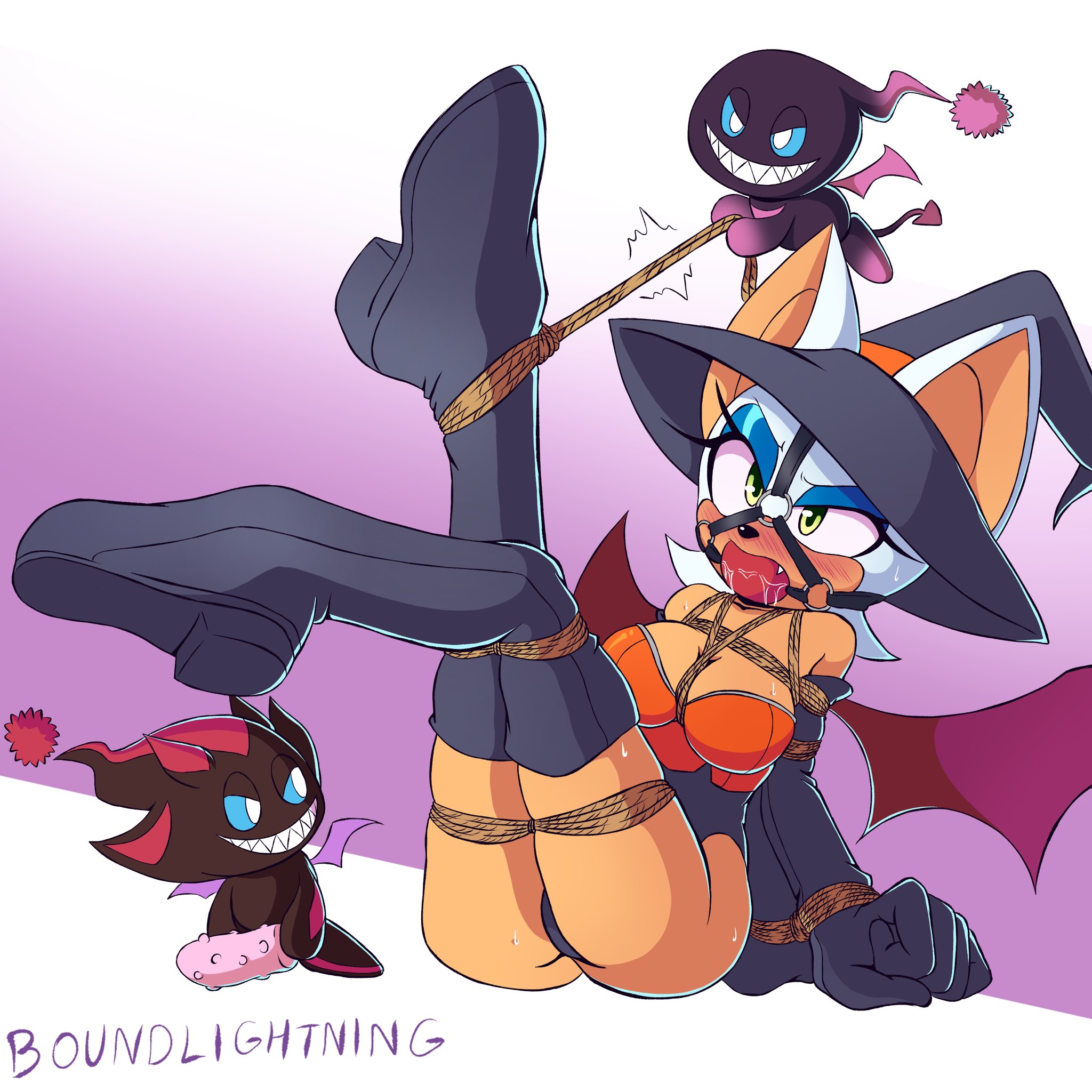 1girls, 2021, 2boys, 2d, alternate costume, ball gag, blue eyes, bondage, boundlightning, breasts, chao (sonic), dark chao, drooling, female, femsub, gag, gagged, half-closed eyes, halloween, halloween costume, harness ball gag, harness gag, hat, hd, hi res, high resolution, male, mobian, mobian (species), mobian bat, multicolored background, penis, pink background, rope, rouge the bat, sega, size difference, small dom big sub, sonic (series), sonic adventure 2, sonic the hedgehog (series), submissive, submissive female, tied, tied up, white background, witch hat