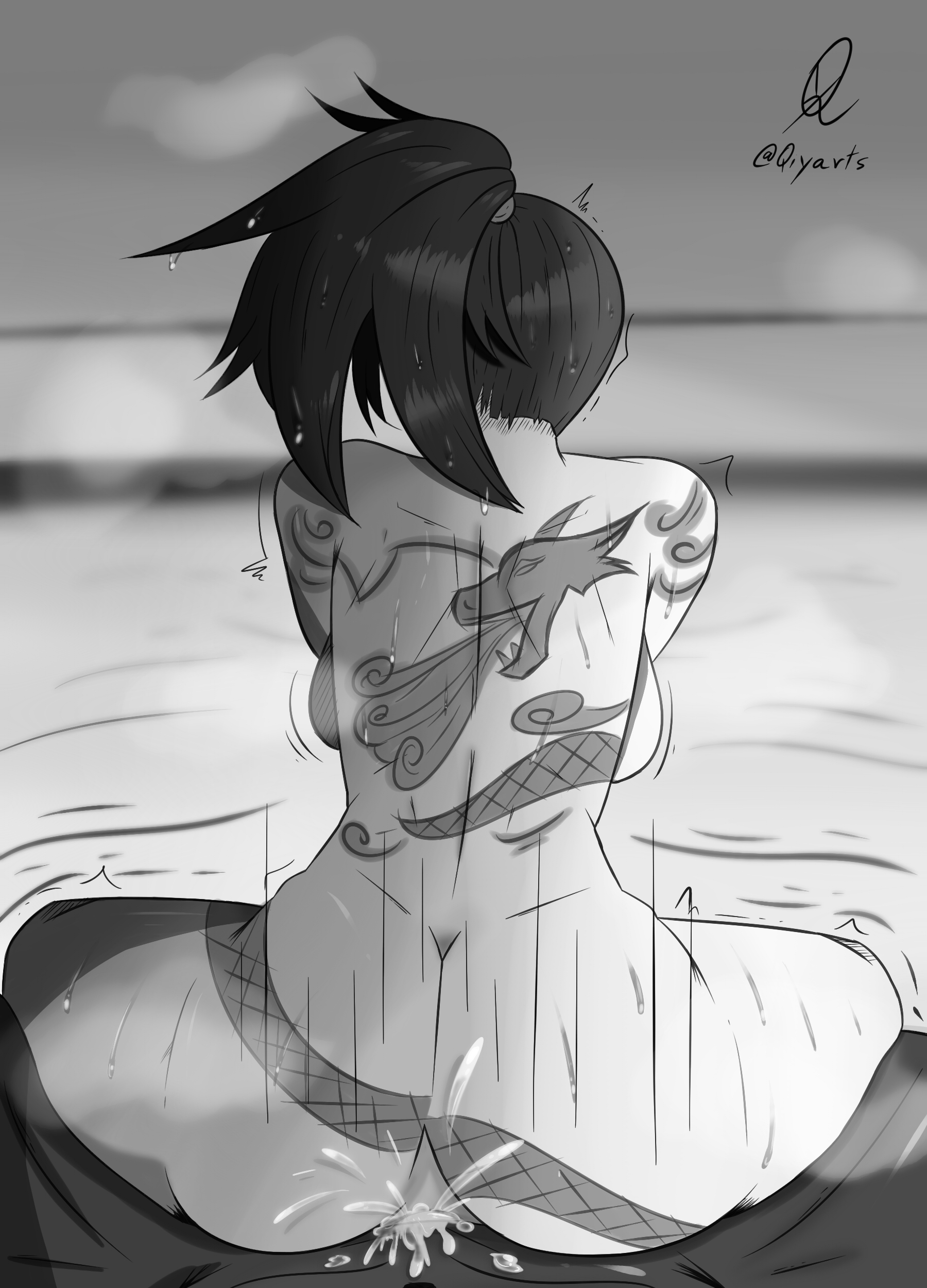akali, ambiguous penetration, ass, back view, cum, cum inside, female, league of legends, monochrome, nude, nude female, qiyarts, tagme, trembling, wet