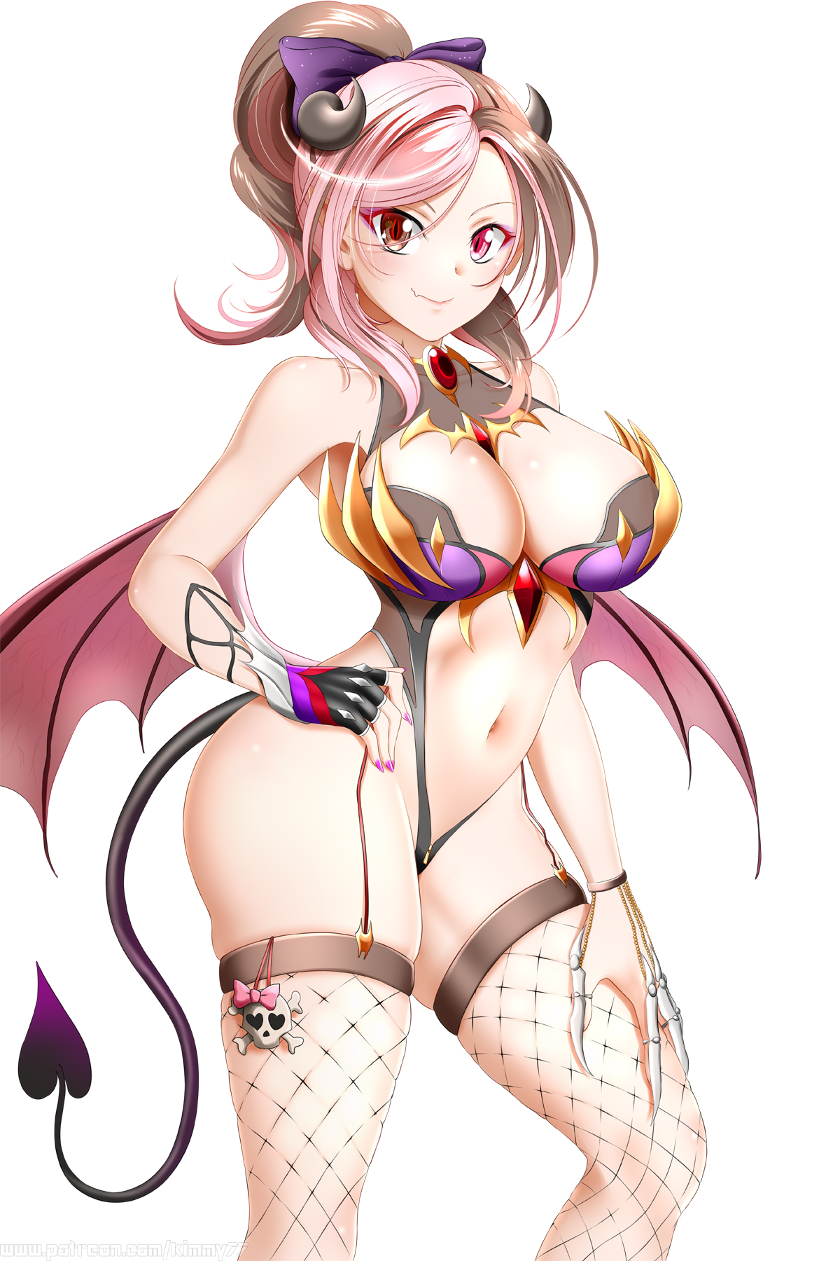 arms, belly, belly button, big breasts, breasts, brown hair, demon, facing viewer, female, female only, fishnet, fishnet legwear, fishnet stockings, fishnets, hand on hip, hand on leg, hand on thigh, horn, horns, kimmy77, legs, looking at viewer, mouth, multicolored eyes, multicolored hair, neck, neo (rwby), pink hair, pink nail polish, pink nails, ponytail, revealing clothes, rwby, smile, smiling, succubus, tail, tied hair, two-tone hair, white body