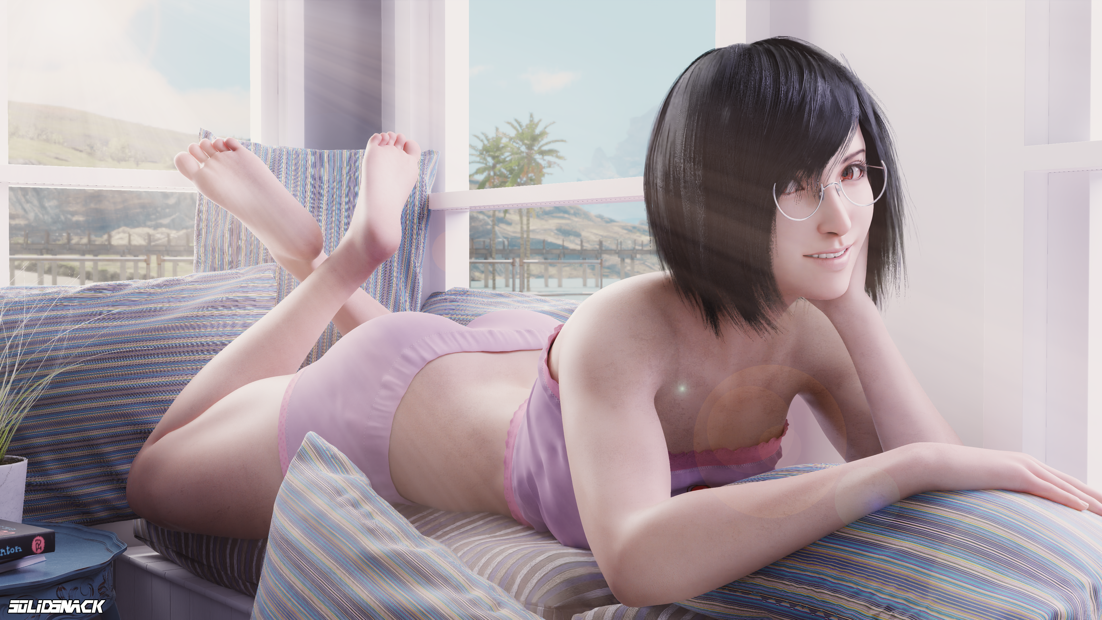 1girls, 3d, 4k, absurdres, barefoot, blender, feet, female, female only, final fantasy, final fantasy vii, final fantasy vii remake, glasses, highres, short hair, solidsnack, solo, square enix, the pose, tifa lockhart, toes