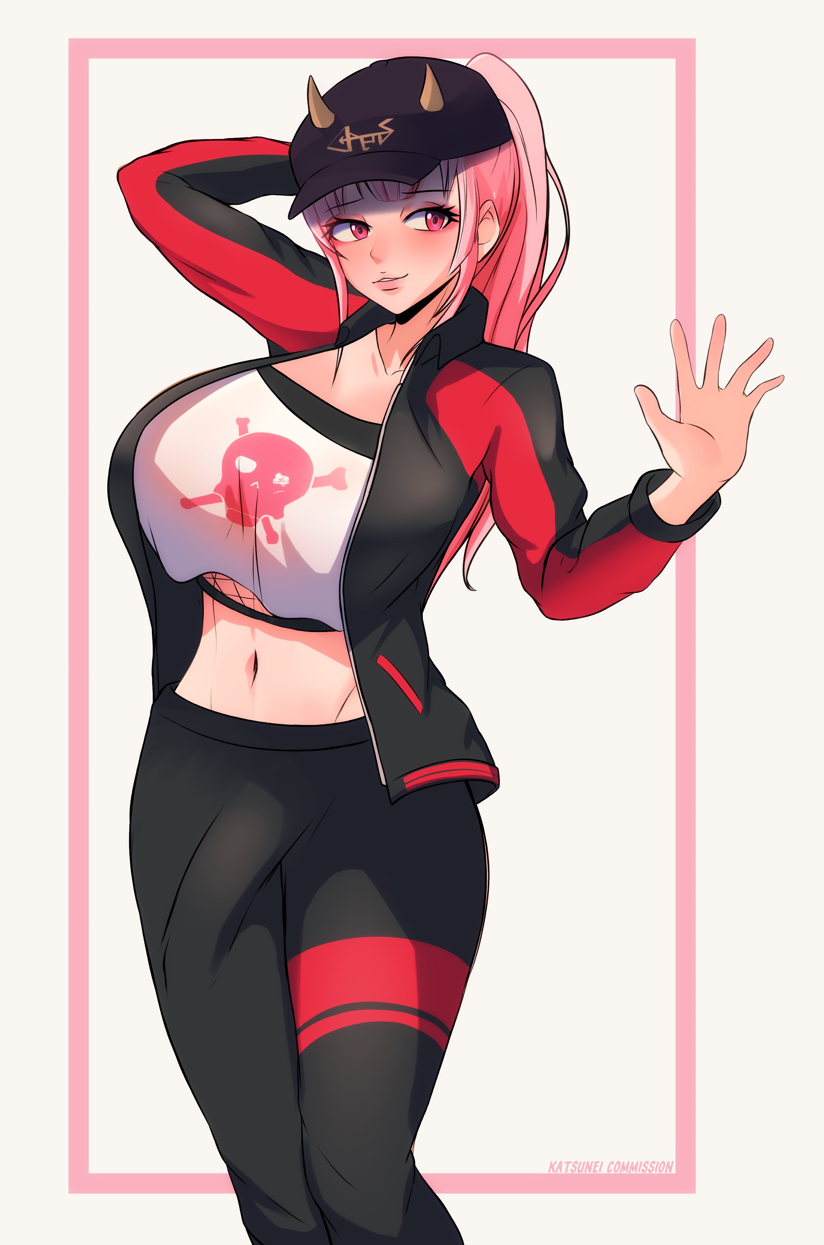 1futa, arm up, big breasts, big penis, breasts, bulge, clothed, clothing, fully clothed, futa only, futanari, hat, hololive, hololive english, hololive myth, horns, human, intersex, katsunei, large breasts, light skin, light-skinned futa, long sleeves, mori calliope, navel, pale skin, penis, penis under clothes, pink hair, ponytail, solo, standing, streetwear, virtual youtuber, zipper