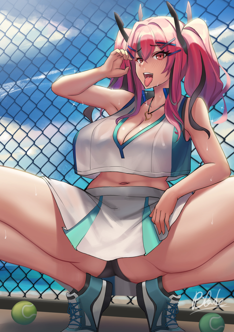 1girls armpit azur_lane bremerton_(azur_lane) bremerton_(scorching-hot_training)_(azur_lane) female female_focus female_only light-skinned_female looking_at_viewer naughty_face necklace open_mouth partially_clothed pink_hair qblade shoes solo sweat tennis_ball thighs tongue_out two_tone_hair