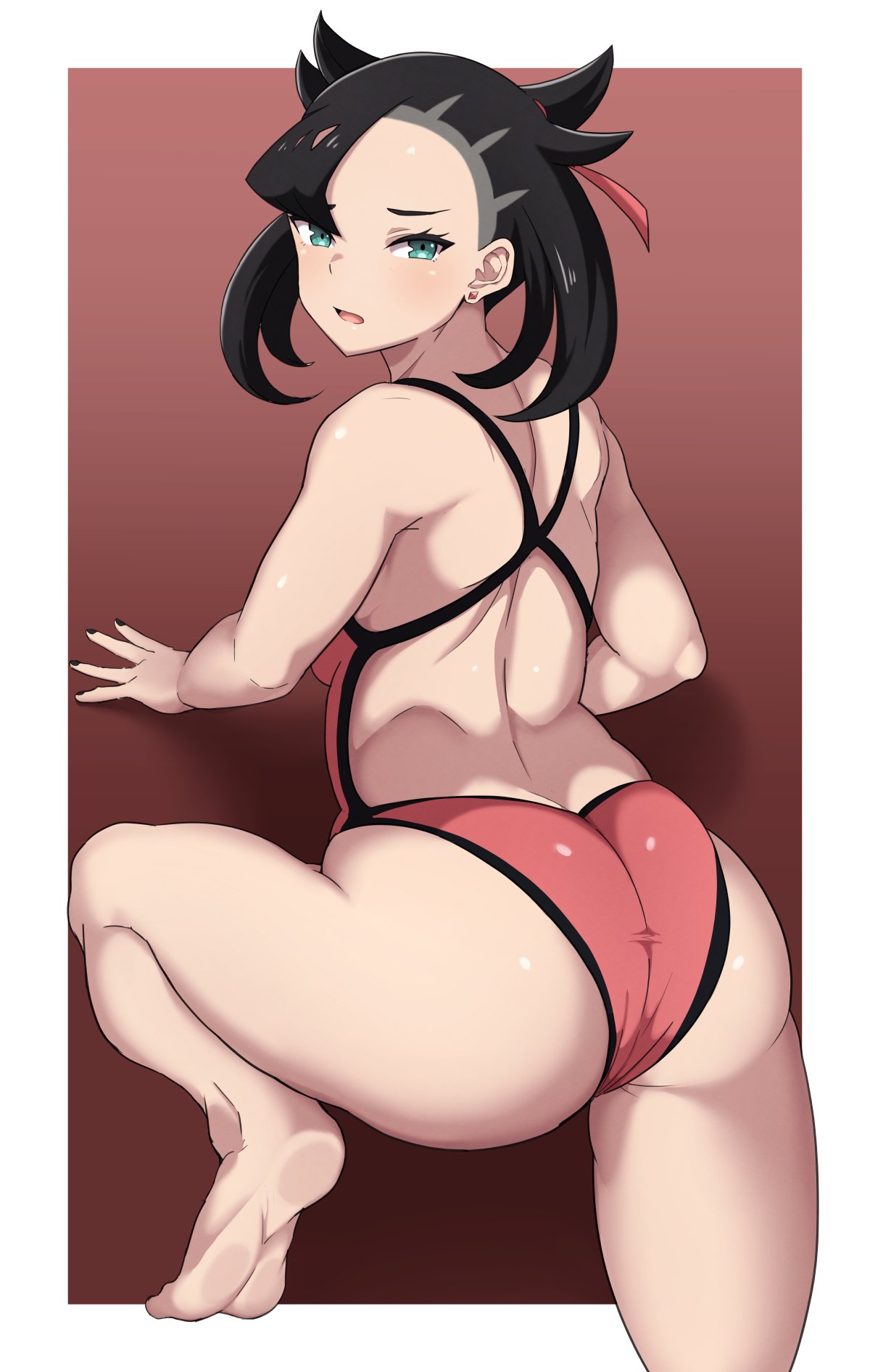 1girls ass big_ass big_butt black_hair breasts eye_contact female hair_ribbon looking_at_viewer looking_back marnie_(pokemon) nintendo oryuto pokemon pokemon_ss small_breasts solo thick_thighs twintails wide_hips