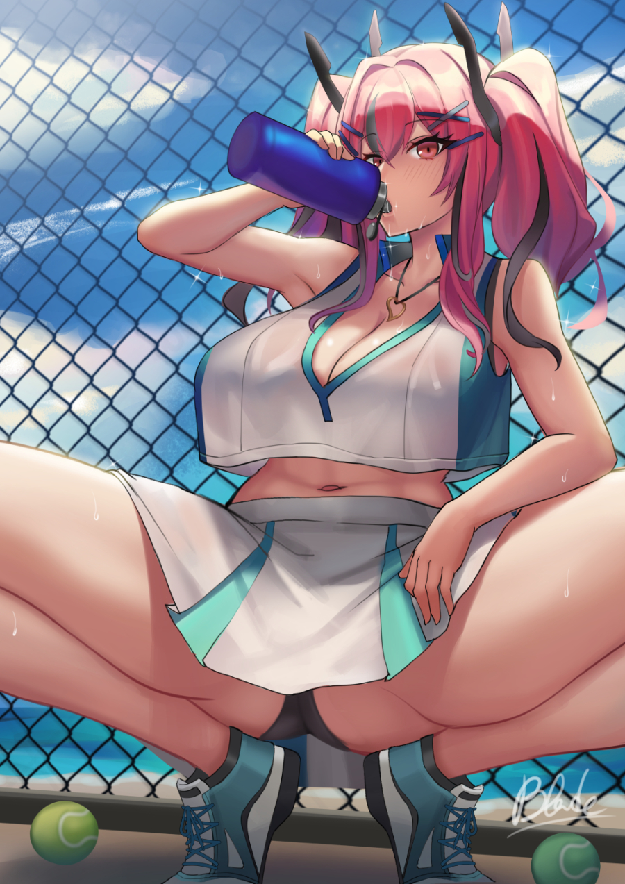 1girls, armpit, azur lane, bremerton (azur lane), bremerton (scorching-hot training) (azur lane), female, female focus, female only, light skin, light-skinned female, looking at viewer, necklace, pink hair, qblade, shoes, solo, sweat, tennis ball, thighs, two-tone hair