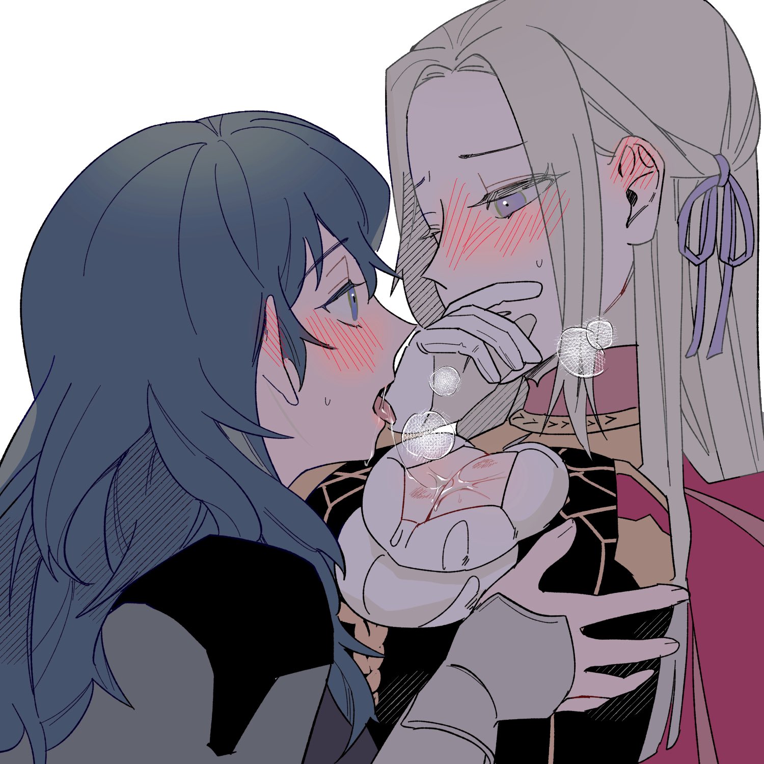 2girls, bang gu9, blue eyes, blue hair, blush, breast grab, breast press, breasts, breath, byleth (fire emblem), byleth (fire emblem) (female), cleavage, cleavage cutout, clothing cutout, covering mouth, double breast grab, ear, edelgard von hresvelg, eye contact, eyebrows visible through hair, face-to-face, female, female only, fire emblem, fire emblem: three houses, garreg mach monastery uniform, grabbing, heavy breathing, highres, licking, licking breast, looking at another, multiple females, multiple girls, nintendo, open mouth, purple eyes, saliva, saliva trail, teacher and student, teal hair, tongue, tongue out, white hair, yuri