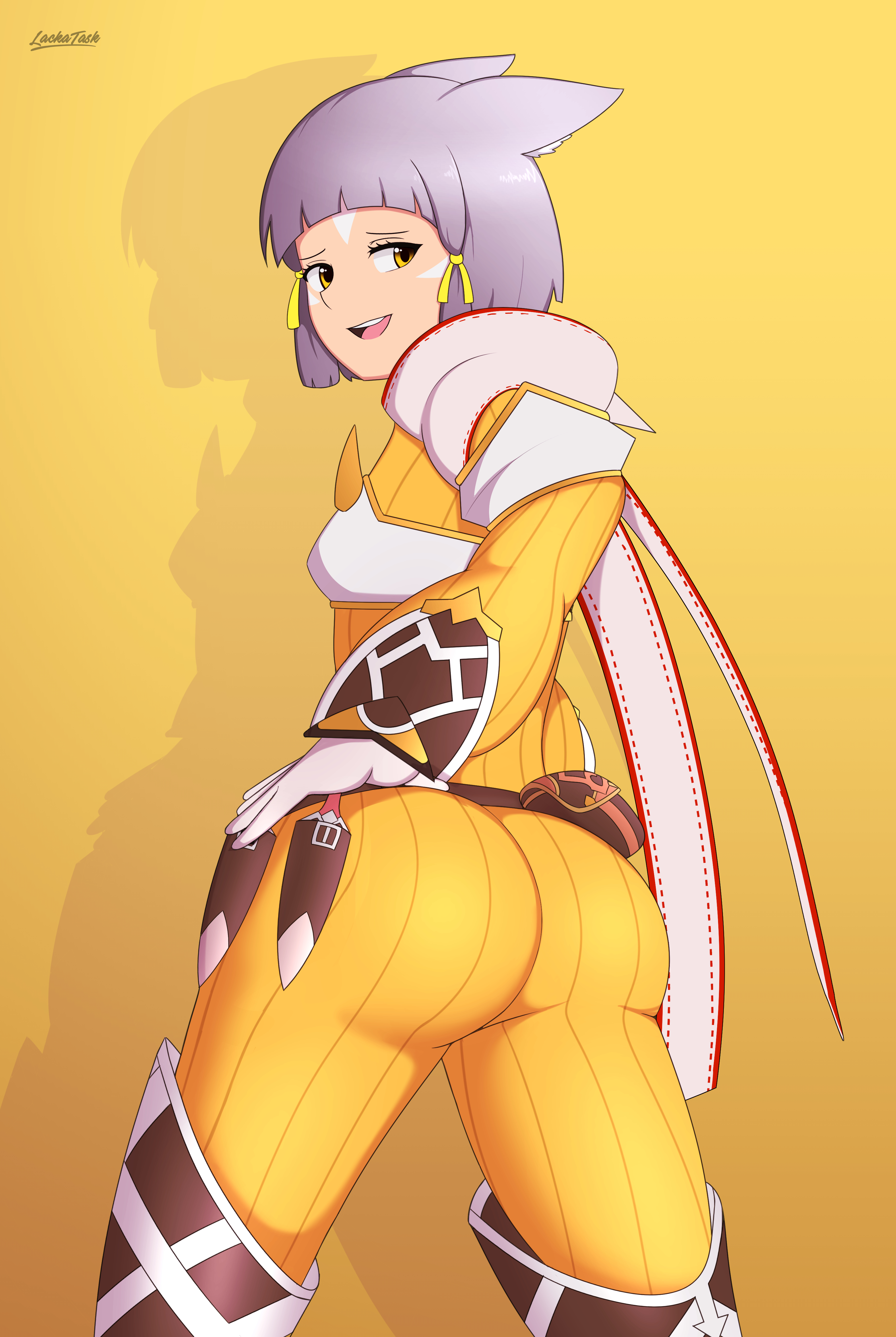 ass, cat ears, clothed, clothing, female, grey hair, lackatask, nia, nia (xenoblade), nintendo, tagme, white skin, xenoblade (series), xenoblade chronicles 2, yellow eyes