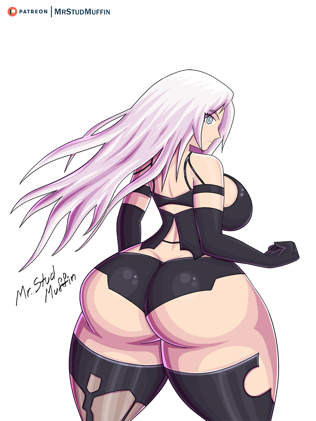 1girls ass big_ass big_breasts breasts bubble_butt female female_only huge_ass light-skinned_female light_skin long_hair mrstudmuffin nier:_automata rear_view solo solo_female thick_thighs thighhighs voluptuous white_background white_hair yorha_a2