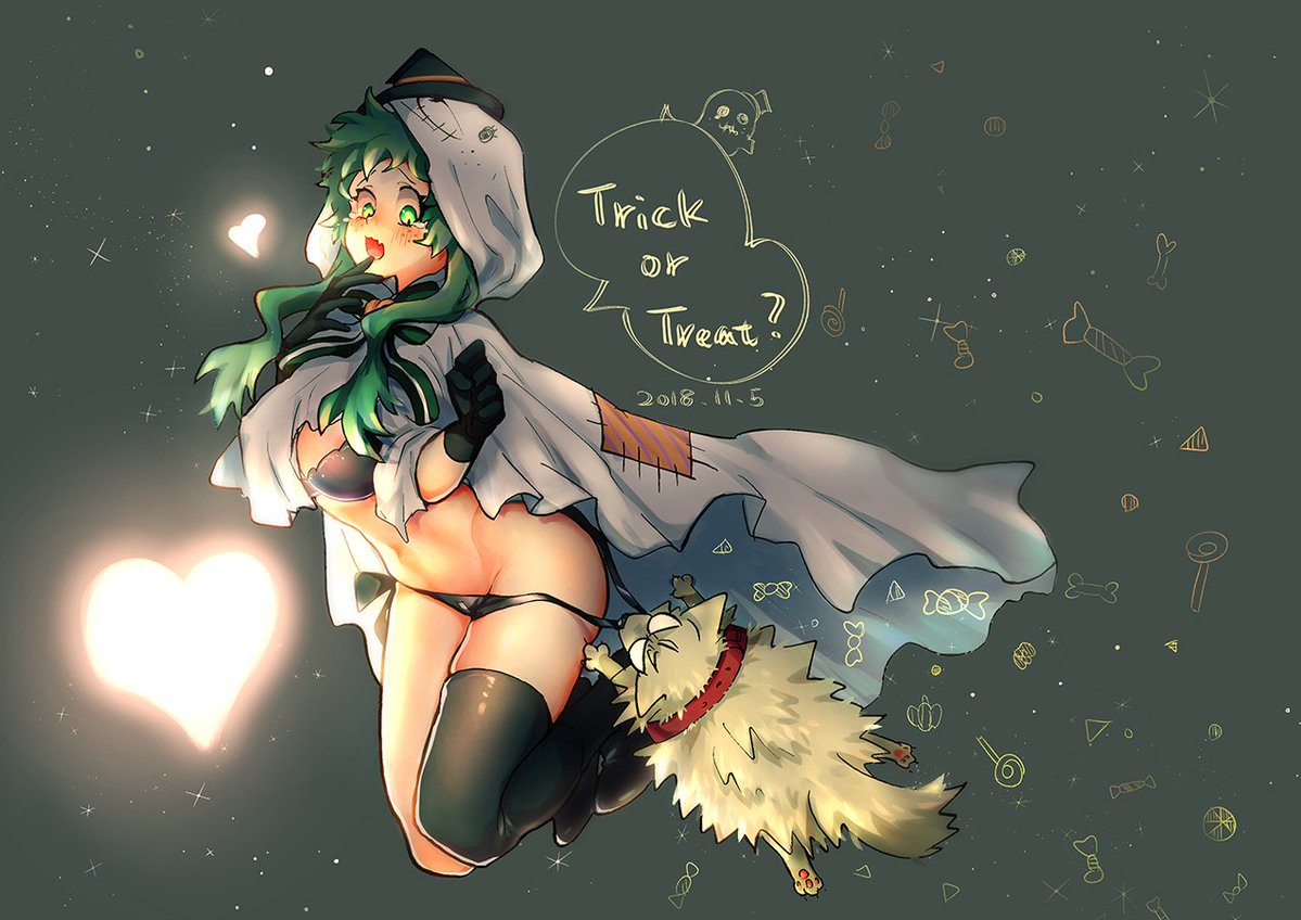 1girls bikini black_bikini busty canine costume female female_deku female_only female_solo genderswap_(mtf) ghost ghost_costume ghost_girl gloves green_eyes green_hair halloween halloween_costume heart izuku_midoriya katsuki_bakugou long_hair my_hero_academia pulling_panties puppy rule_63 solo solo_female spiky_hair stockings surprised trick_or_treat undressing