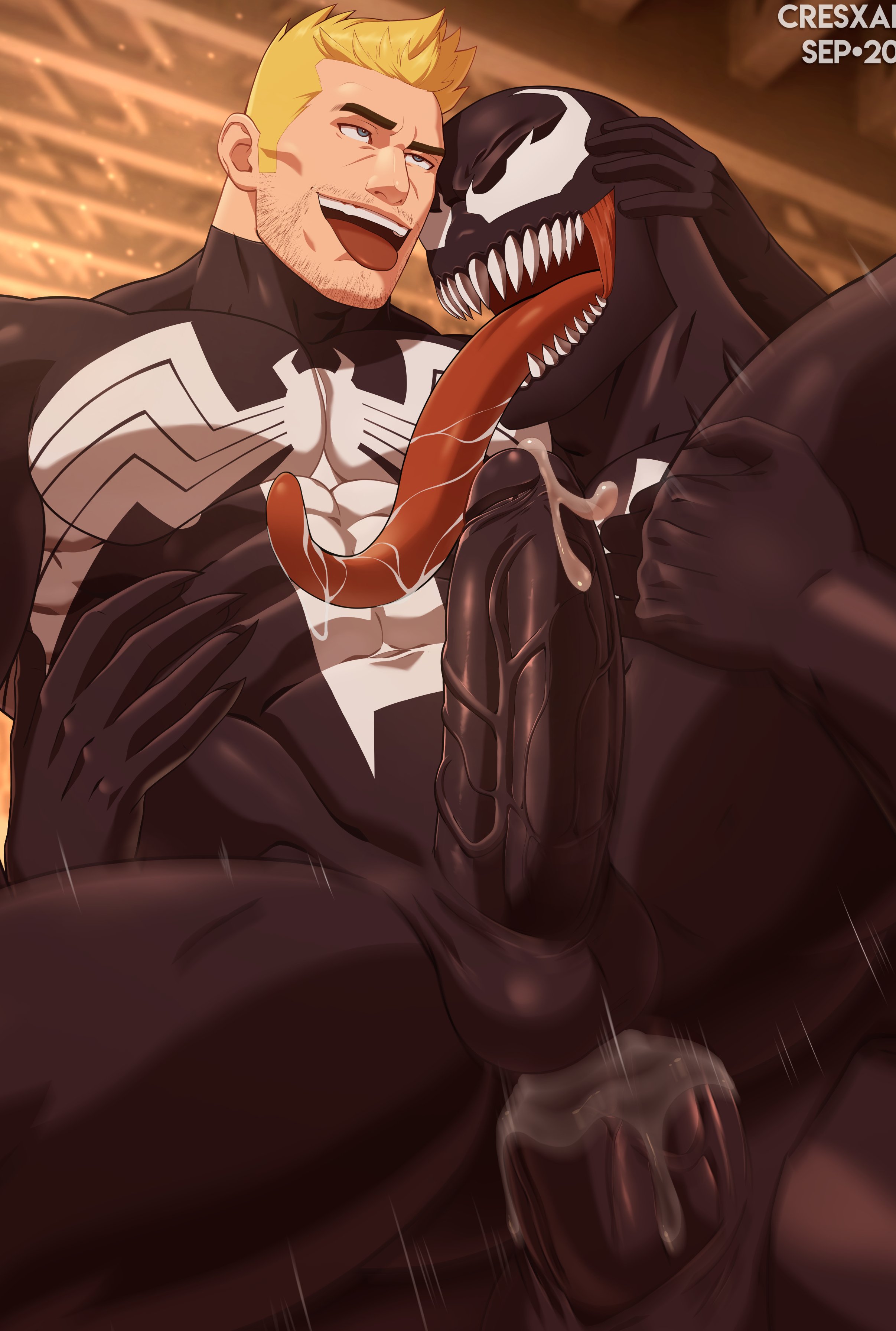2boys, 5 fingers, abs, ahe gao, ahegao, alien, anal, anal sex, ass, balls, bara, beard, black balls, black body, black penis, blonde hair, climax, creampie, cresxart, cum, cum drip, cum in ass, cum inside, cum on ass, cum on lower body, cum string, cum while penetrated, cumshot, duo, eddie brock, ejaculation while penetrated, erect while penetrated, erection, foreskin, gay, gay sex, hair, humanoid, licking, light skin, light-skinned male, long tongue, looking up, male, male only, male penetrated, male penetrating, male penetrating male, male/male, marvel, marvel comics, muscles, muscular, pecs, pectorals, penis, pleasure face, precum, reverse cowgirl position, saliva, sharp teeth, short hair, skin tight, skintight, spider-man (series), squint, straight hair, symbiote, testicles, tight, tight clothing, tongue, uncircumcised, uncut, vein, veiny, veiny penis, venom (marvel), yaoi