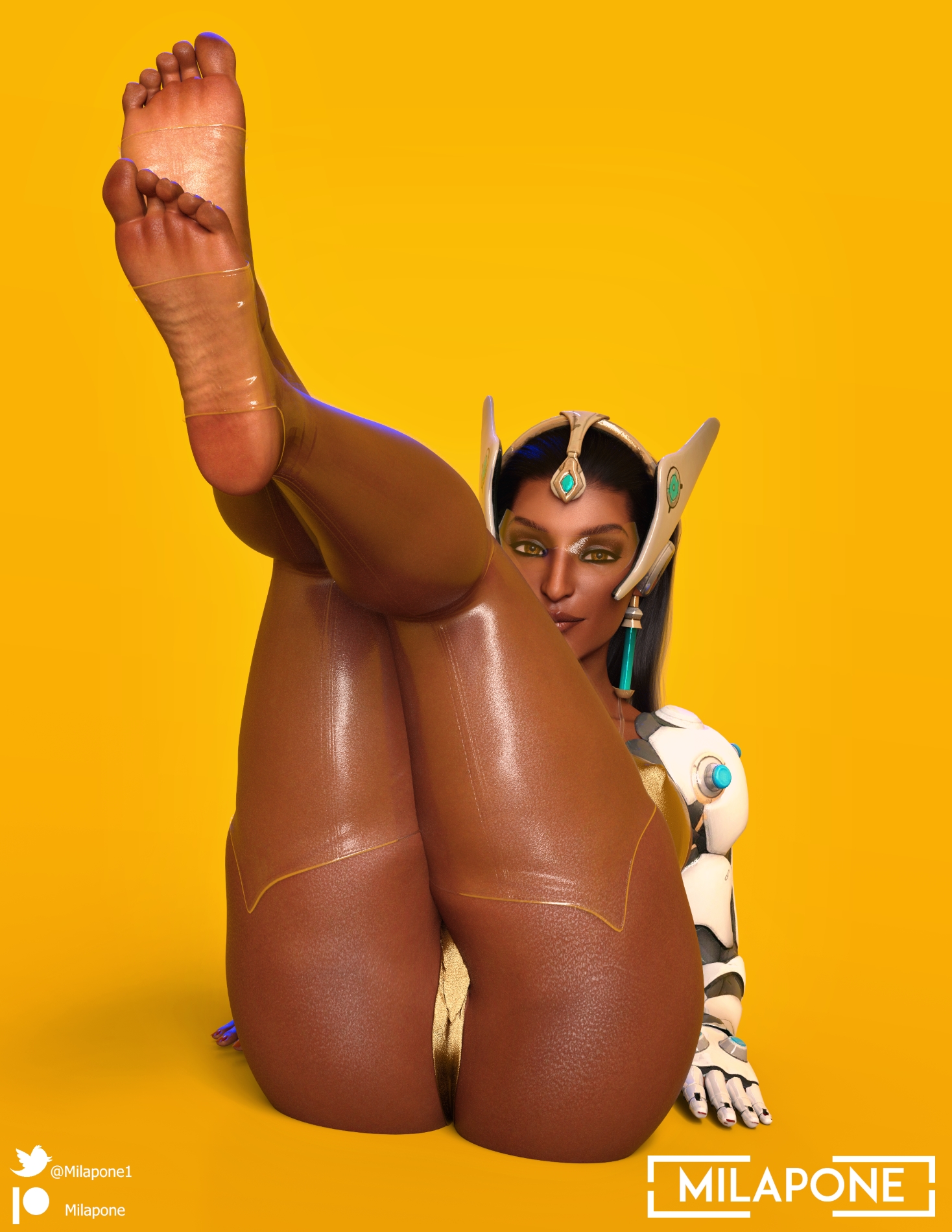 3d, big breasts, black hair, blizzard entertainment, breasts, busty, dark skin, dark-skinned female, female, female focus, female only, hourglass figure, indian, indian female, long hair, milapone, orange-tinted eyewear, overwatch, pose, posing, solo, stirrup legwear, symmetra, tagme, tinted eyewear, visor, wide hips, yellow-tinted eyewear