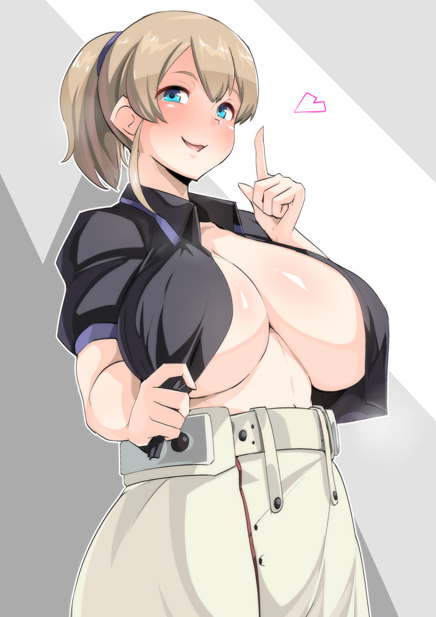 big breasts, blue eyes, blush, breasts, cleavage, clothing, crop top, female, female only, high-waist skirt, huge breasts, intrepid (kantai collection), kantai collection, light brown hair, looking at viewer, no bra, open clothes, open shirt, ponytail, presenting, presenting breasts, ryuun (stiil), shirt pull, short sleeves, showing off, smile, solo