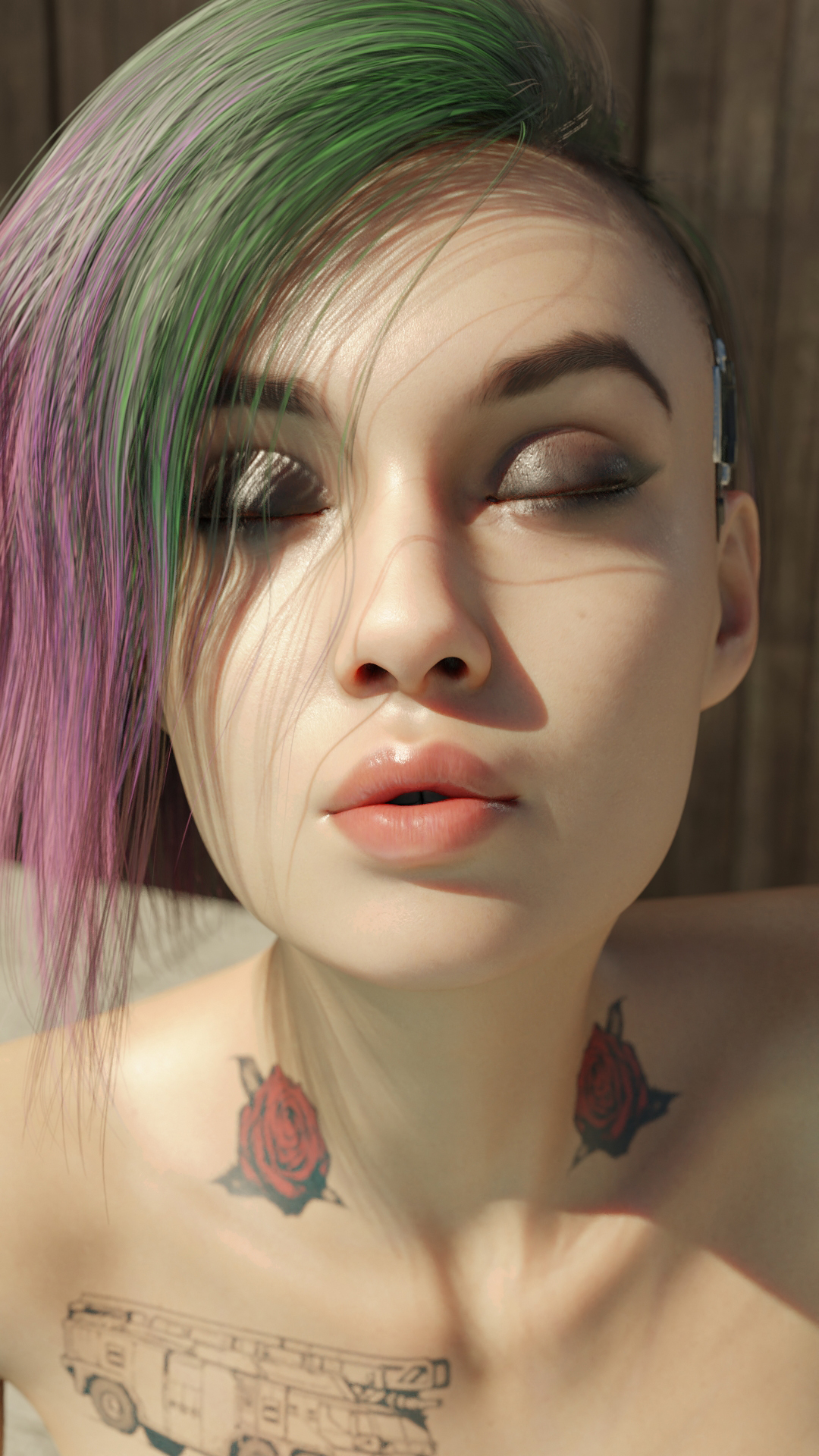 1girls, 3d, cd projekt red, closed eyes, cyberpunk 2077, female, female only, judy alvarez, punk, punk girl, rescraft, solo, tattoo, tattoos, thick lips, two-tone hair