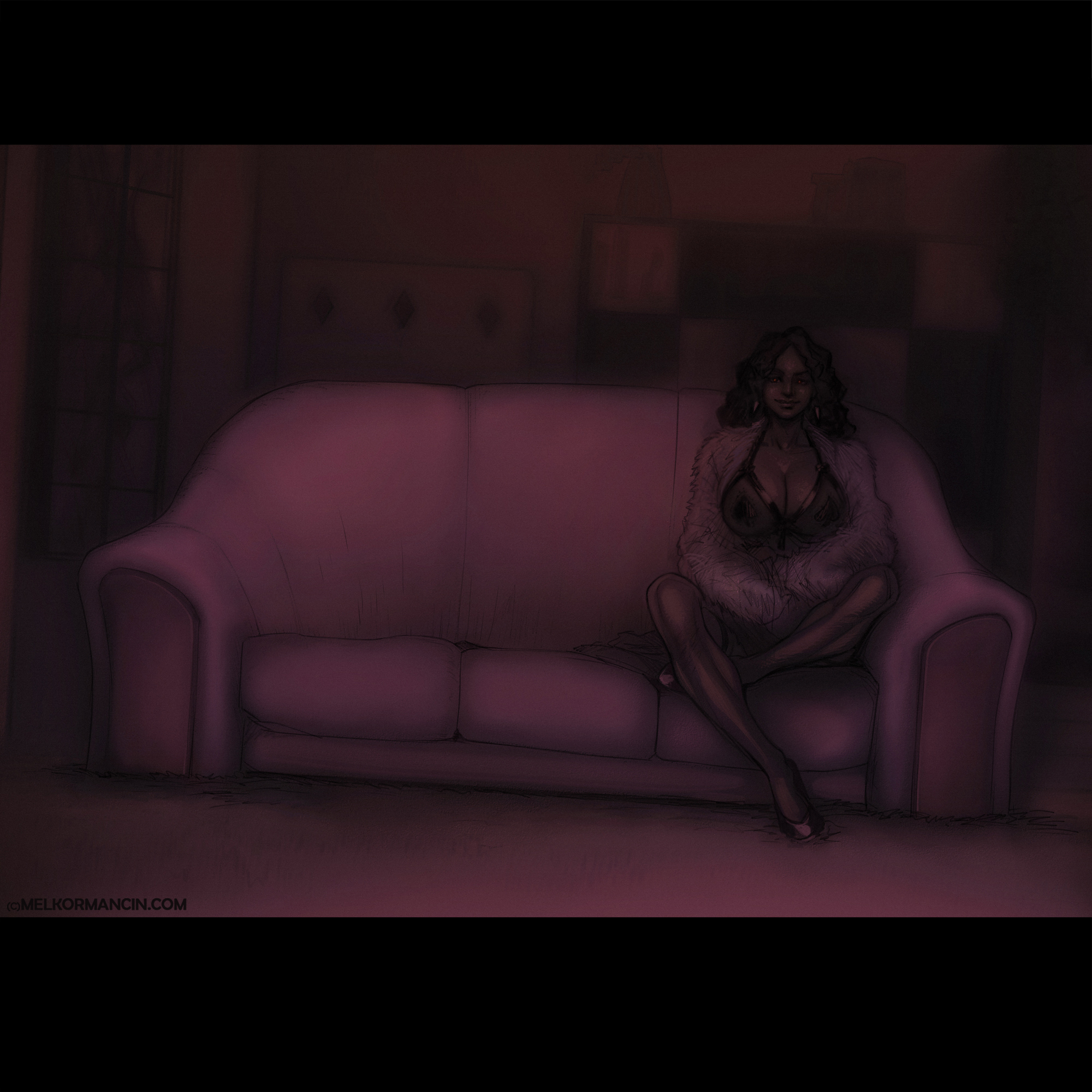 1girls, breasts, cleavage, couch, dark skin, dark-skinned female, earrings, facing viewer, female, female only, full body, indoors, large breasts, letterboxed, lingerie, long hair, looking at viewer, melkor mancin, ms. pamela, negative space, on couch, original, pumps, room, see-through, sitting, sofa, solo
