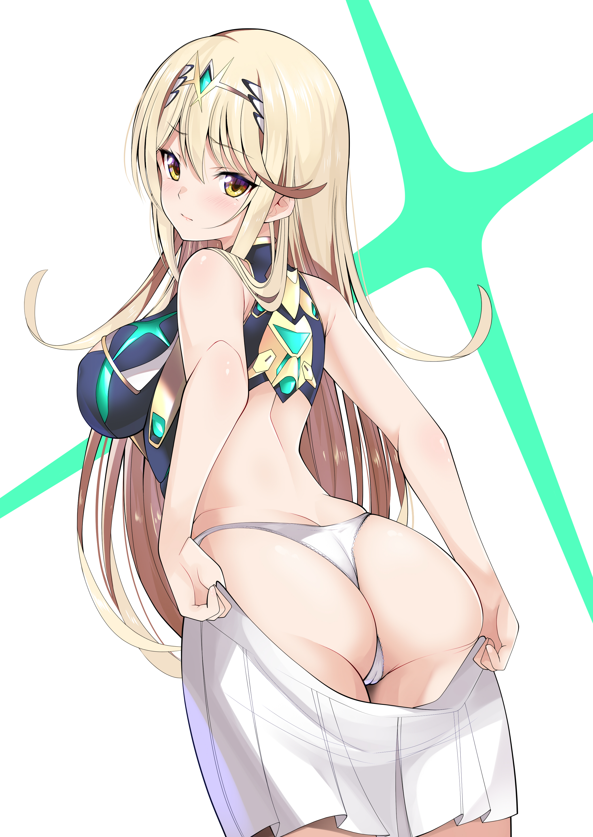 1girls, 2021, ass, ass focus, bangs, blonde hair, blush, breasts, embarrassed, female, female focus, female only, gold eyes, hair ornament, hi res, huge breasts, kou (artist), large ass, long hair, looking back, mythra, nintendo, nipples, panties, sideboob, simple background, swept bangs, thick thighs, thighs, thong, tiara, undressing, white background, white panties, xenoblade (series), xenoblade chronicles 2