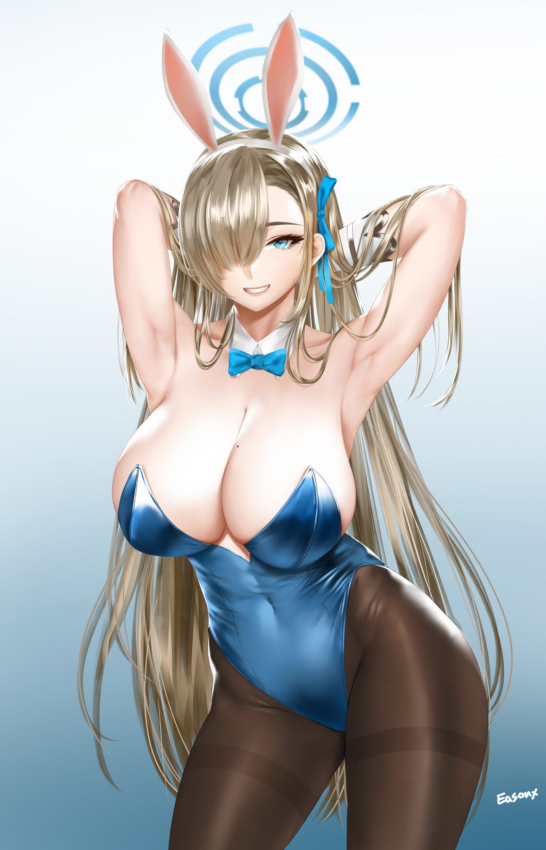 1girls, asuna (blue archive), asuna (bunny) (blue archive), big breasts, blonde, blonde female, blonde hair, blonde-haired female, blue archive, blue bowtie, blue eyes, blue halo, blue leotard, bowtie, breasts, bunny costume, bunny ears, bunny girl, bunnysuit, cleaning & clearing (blue archive), cleavage, easonx, female, female only, halo, large breasts, leotard, long hair, millennium science school student, mole on breast, pantyhose, solo, solo female, solo focus, very long hair