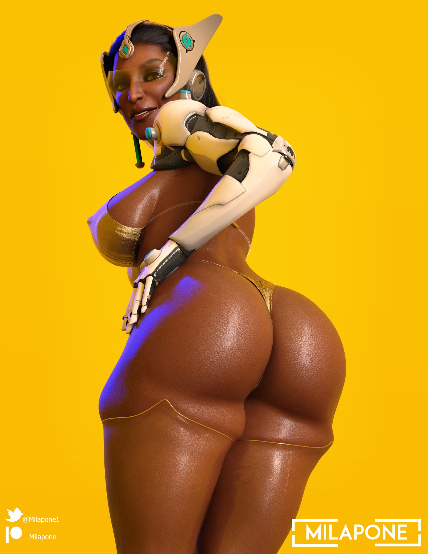 3d, ass, big ass, big breasts, black hair, blizzard entertainment, breasts, busty, dark skin, dark-skinned female, female, female focus, female only, hourglass figure, indian, indian female, long hair, milapone, orange-tinted eyewear, overwatch, pose, posing, solo, symmetra, tagme, thick thighs, tinted eyewear, visor, wide hips, yellow-tinted eyewear