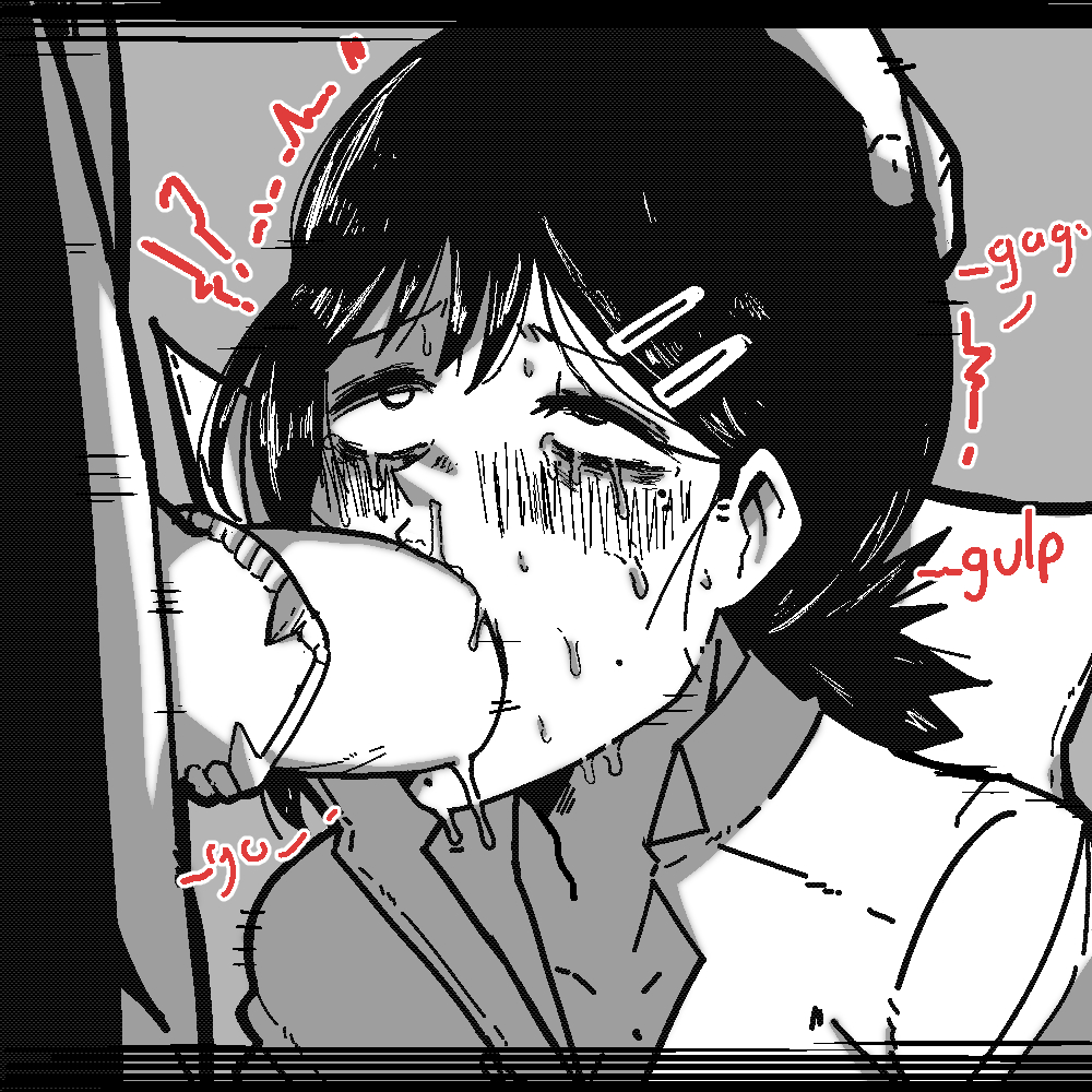 1boy, 1girls, big penis, black hair, black-haired female, blowjob, blush, cape, chainsaw man, fellatio, female, forced oral, greyscale, halloween, hand on head, higashiyama kobeni, male, mark gavatino, oral, partially clothed, penis, saliva, sloppy blowjob devil, sweat, vampire costume