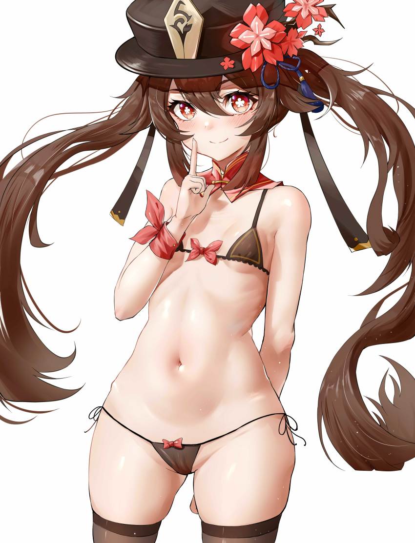 1girls absurdres bare_shoulders bikini black_bikini black_headwear black_legwear blush breasts brown_hair closed_eyes commentary_request cowboy_shot di_qi_gang_guang flower genshin_impact hat highres hu_tao_(genshin_impact) index_finger_raised long_hair navel oerba_yun_fang open_mouth panties plum_blossoms red_eyes side-tie_bikini side-tie_panties simple_background small_breasts solo stomach string_bikini swimsuit symbol-shaped_pupils thighhighs top_hat twintails underboob underwear very_long_hair white_background