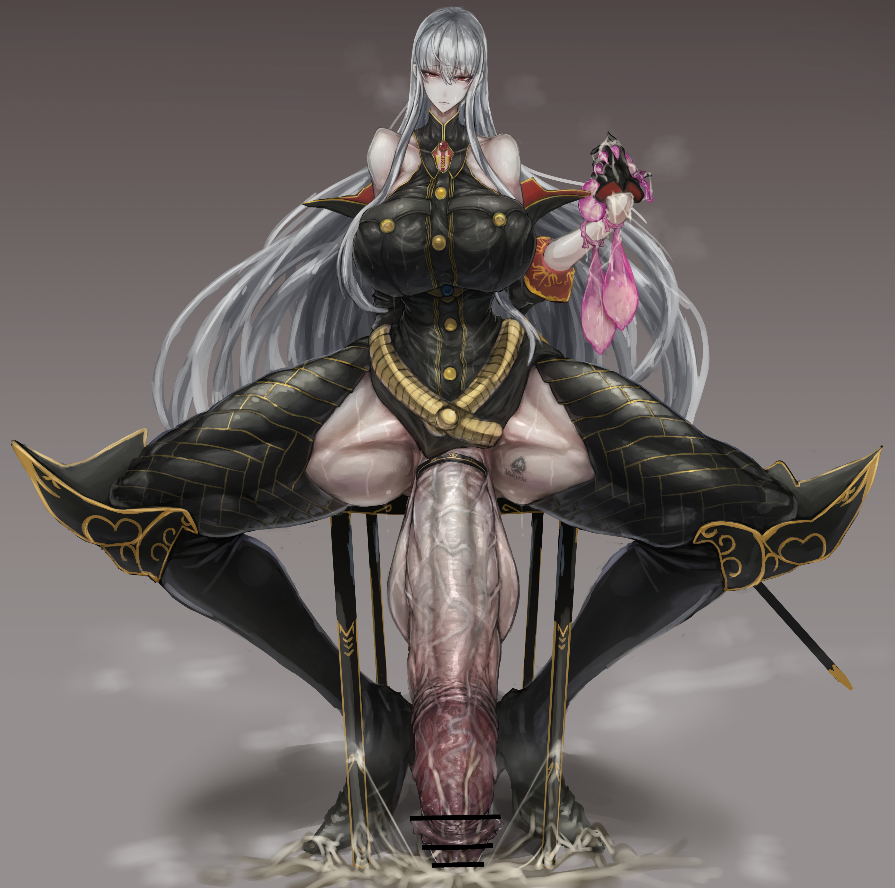 1futa, balls, big breasts, bottomless, breasts, canvassolaris, censored, clothed, clothing, cock ring, condom, cum, cum on floor, ejaculation, erection, foreskin, futa only, futanari, gigantic penis, hands-free, handsfree ejaculation, huge balls, huge breasts, huge cock, human, intersex, large breasts, light skin, light-skinned futa, long hair, long legs, mostly clothed, pale skin, penis, retracted foreskin, selvaria bles, silver hair, sitting, solo, spread legs, squatting, stockings, thick thighs, thighhighs, thunder thighs, uncircumcised, used condom, valkyria chronicles, white hair