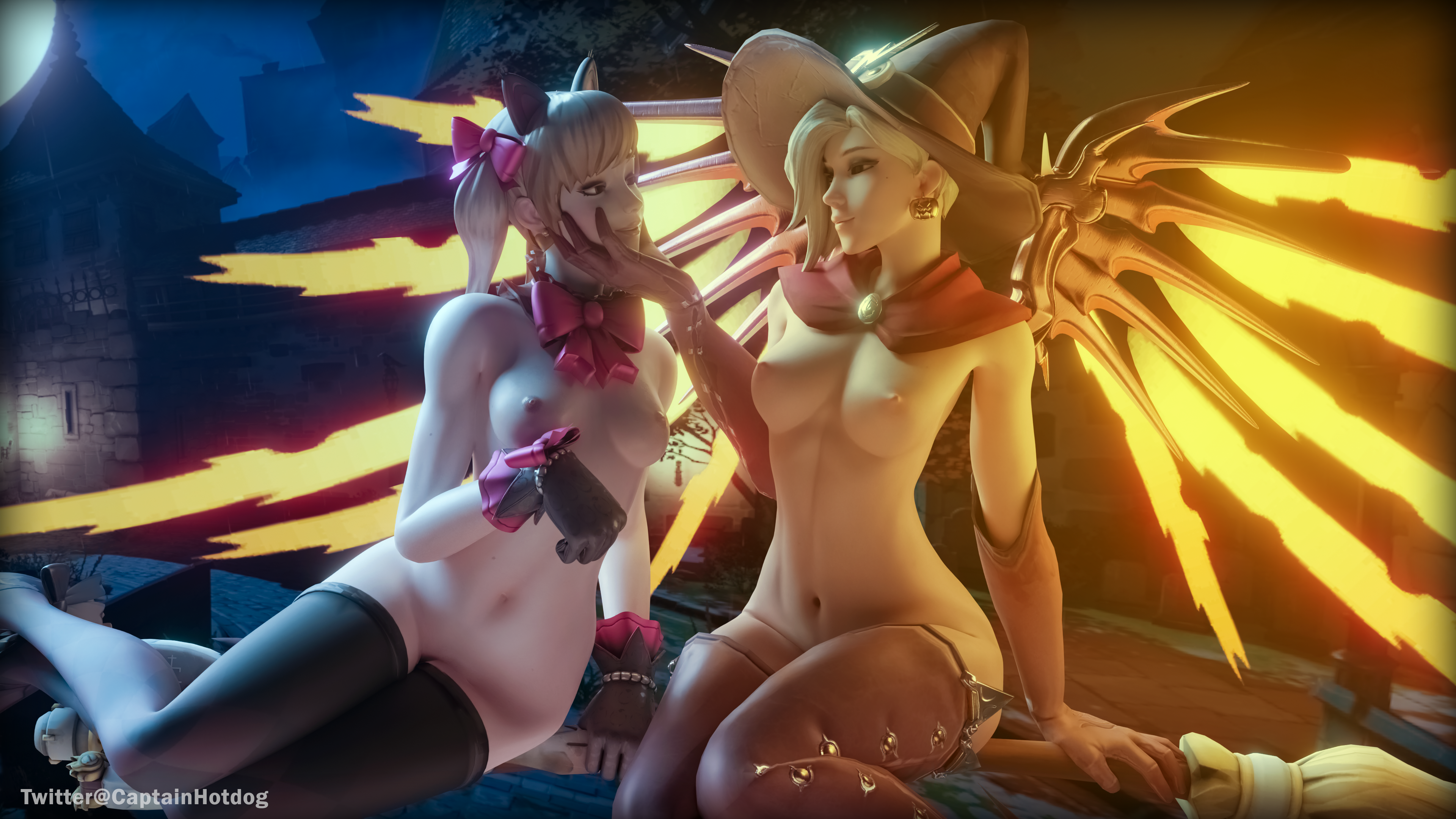 2girls, 3d, areolae, black cat d.va, blonde, blonde hair, breasts, breasts out, captain hotdog, cat ears, d.va, ear piercing, earrings, female, female focus, female only, gloves, hair ribbon, halloween, halloween costume, holding chin, light skin, light-skinned female, mercy, navel, nipples, overwatch, pale skin, pale-skinned female, ribbon, thick thighs, thighhighs, toned, toned belly, toned body, toned female, toned stomach, wide hips, witch, witch hat, witch mercy, yuri